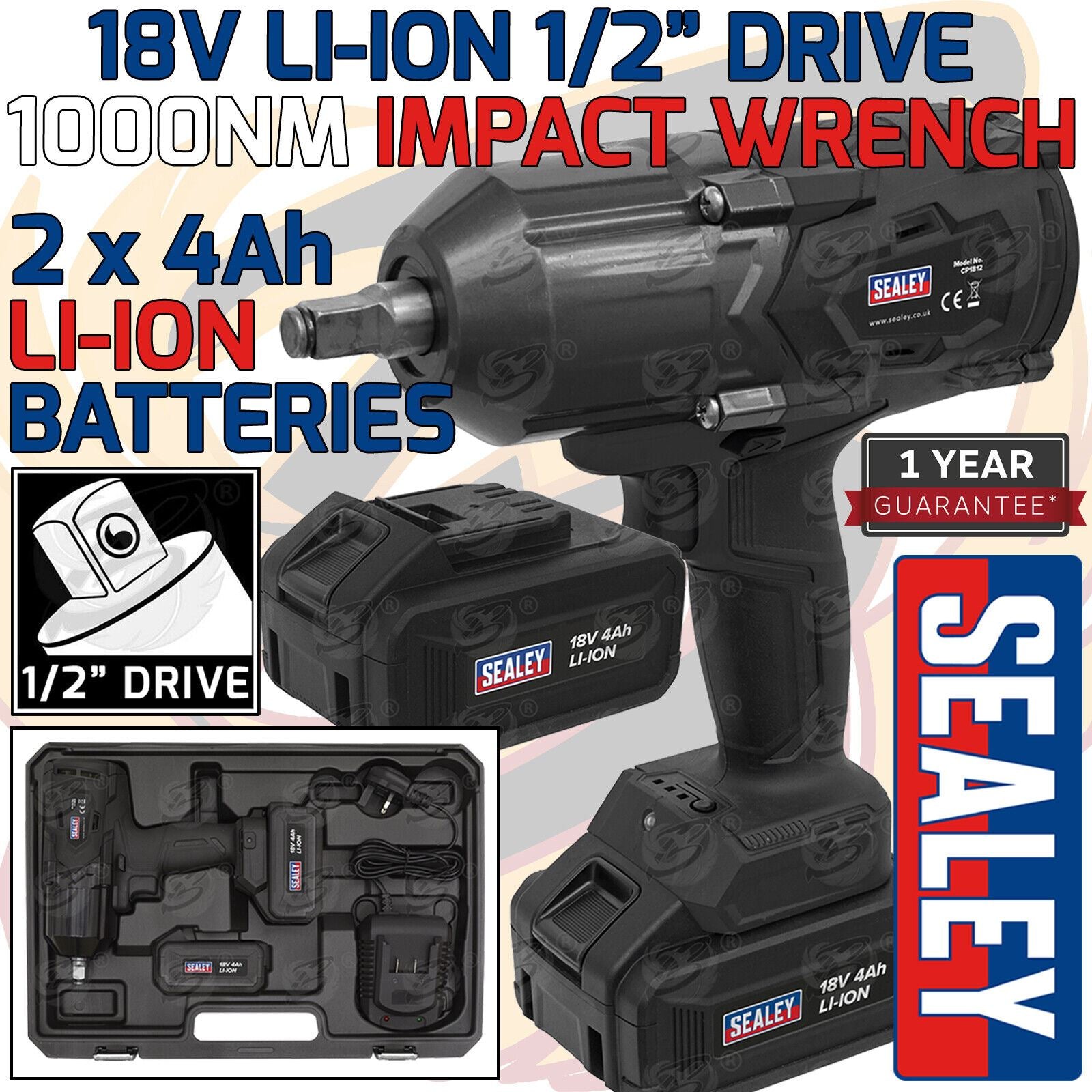 SEALEY 18V 1000NM 1/2" DRIVE CORDLESS IMPACT WRENCH BRUSHLESS x2 4AH LI-ION BATTERIES