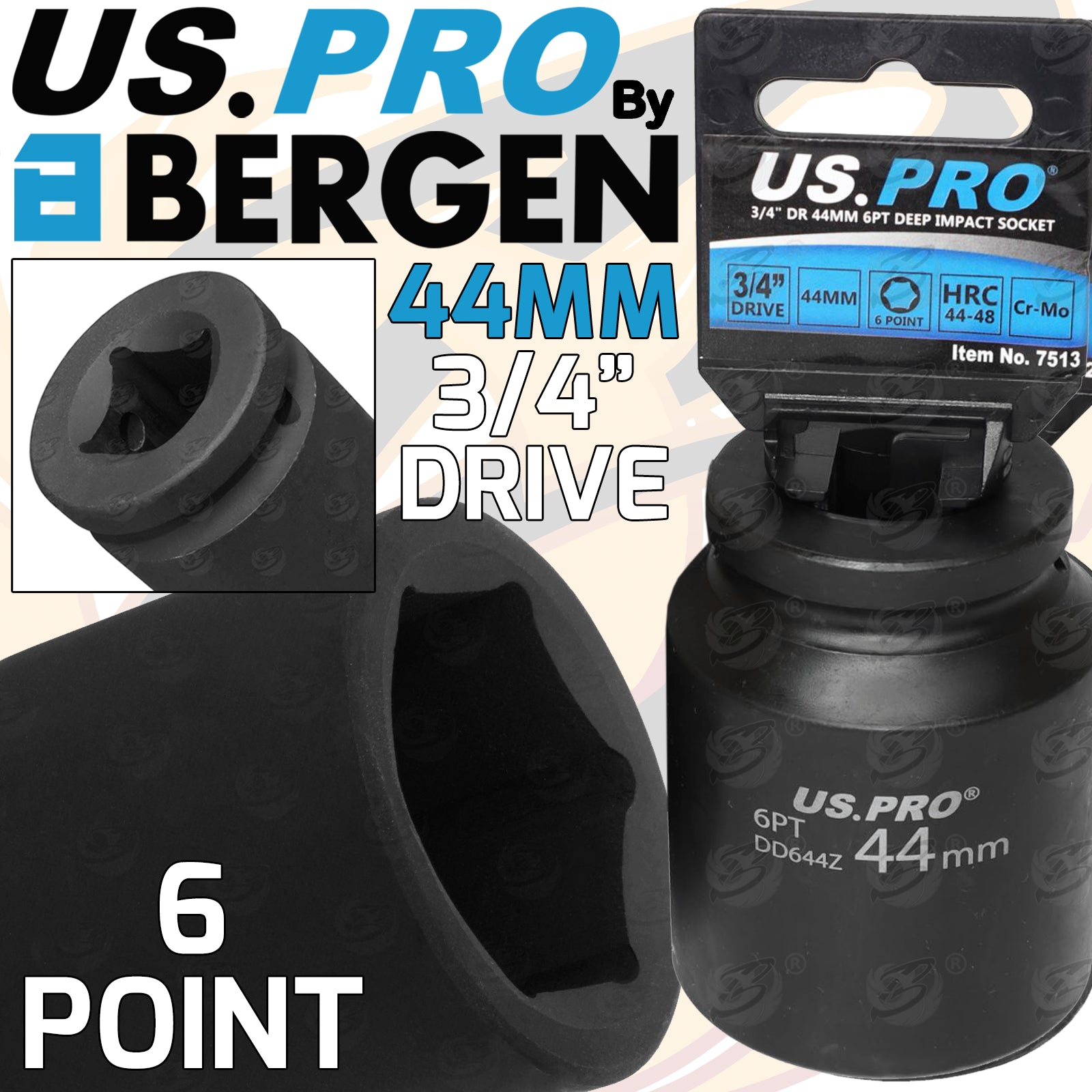 US PRO 44MM 3/4" DRIVE 6 POINT DEEP IMPACT SOCKET ( SINGLE )