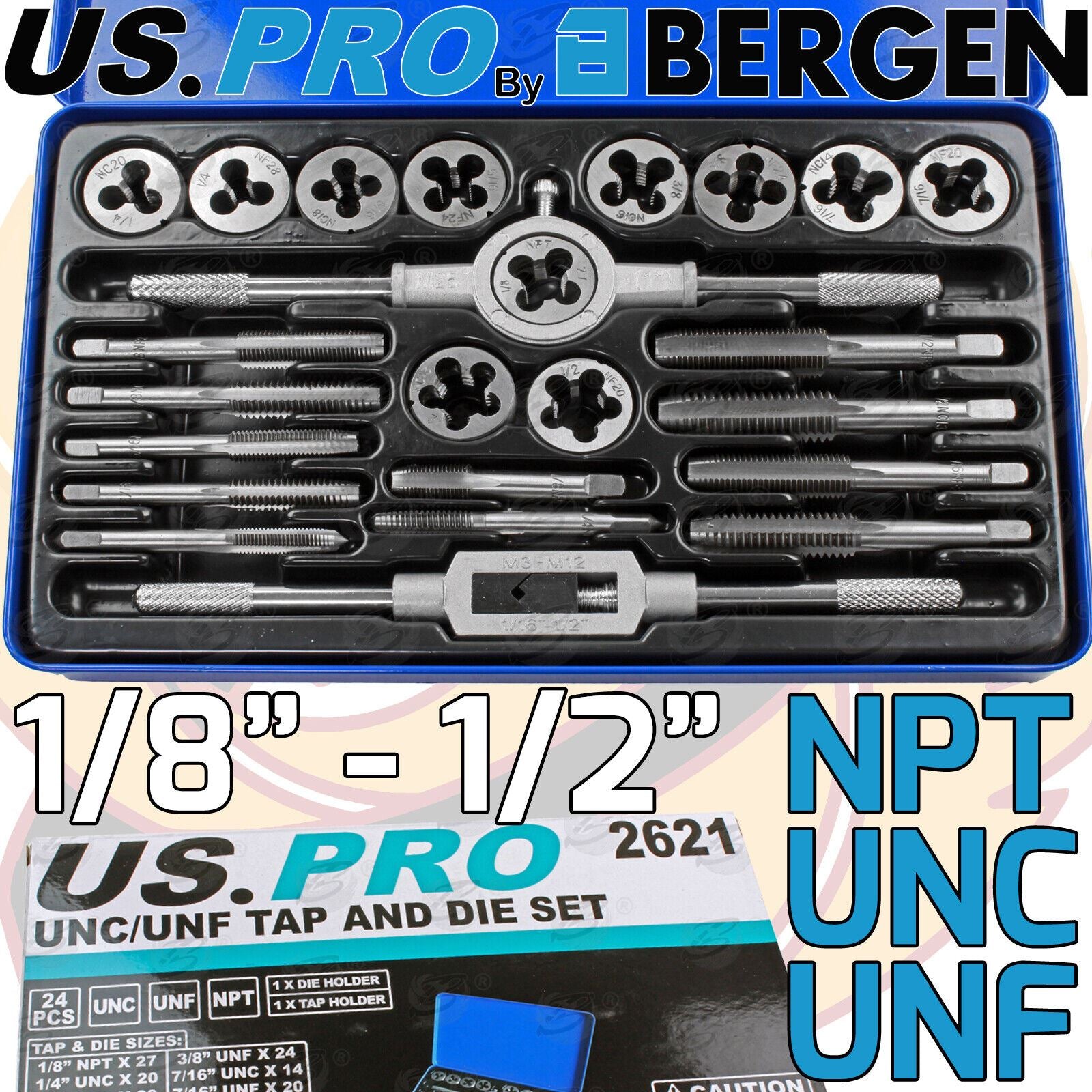 US PRO 24PCS UNC / UNF TAP & DIE SET 1/8" - 1/2"