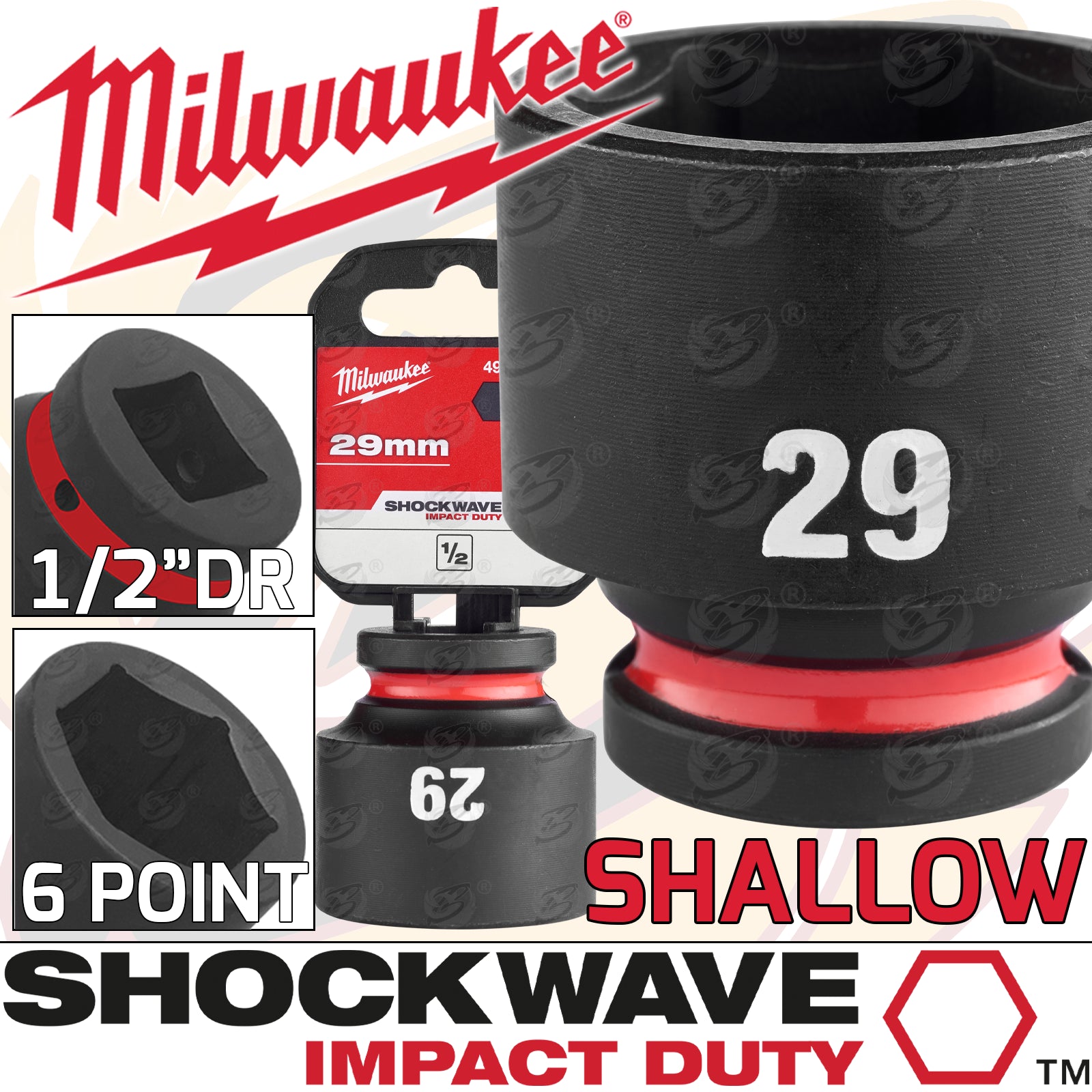 MILWAUKEE 29MM 1/2" DRIVE 6 POINT SHALLOW IMPACT SOCKET ( SINGLE )