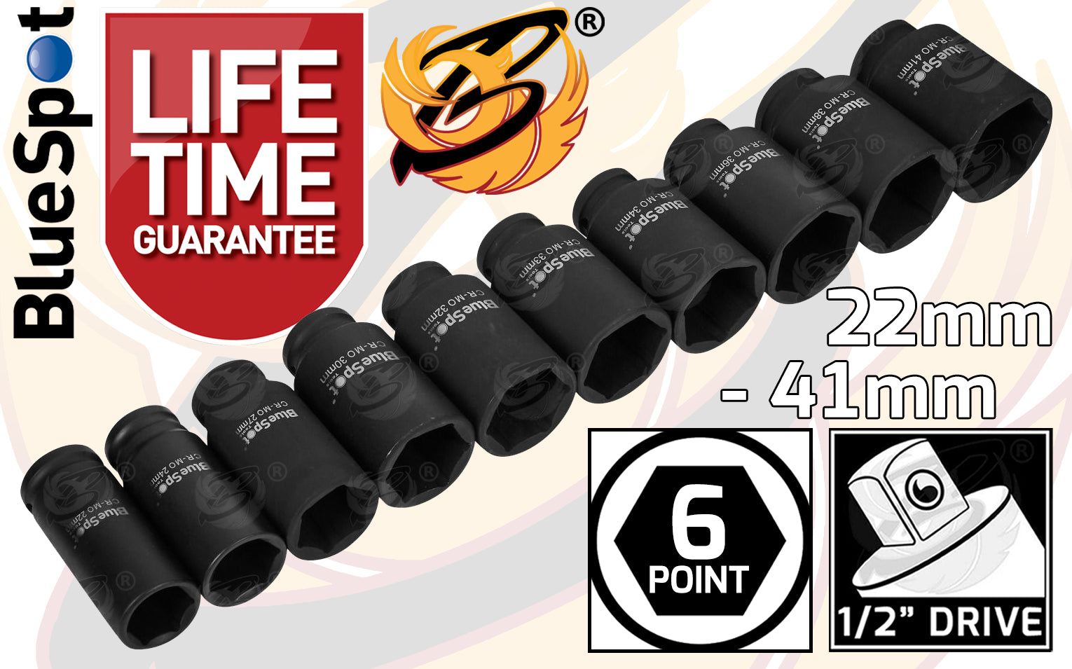 BLUESPOT 10PCS 1/2" DRIVE 6 POINT DEEP IMPACT SOCKETS 22MM - 41MM