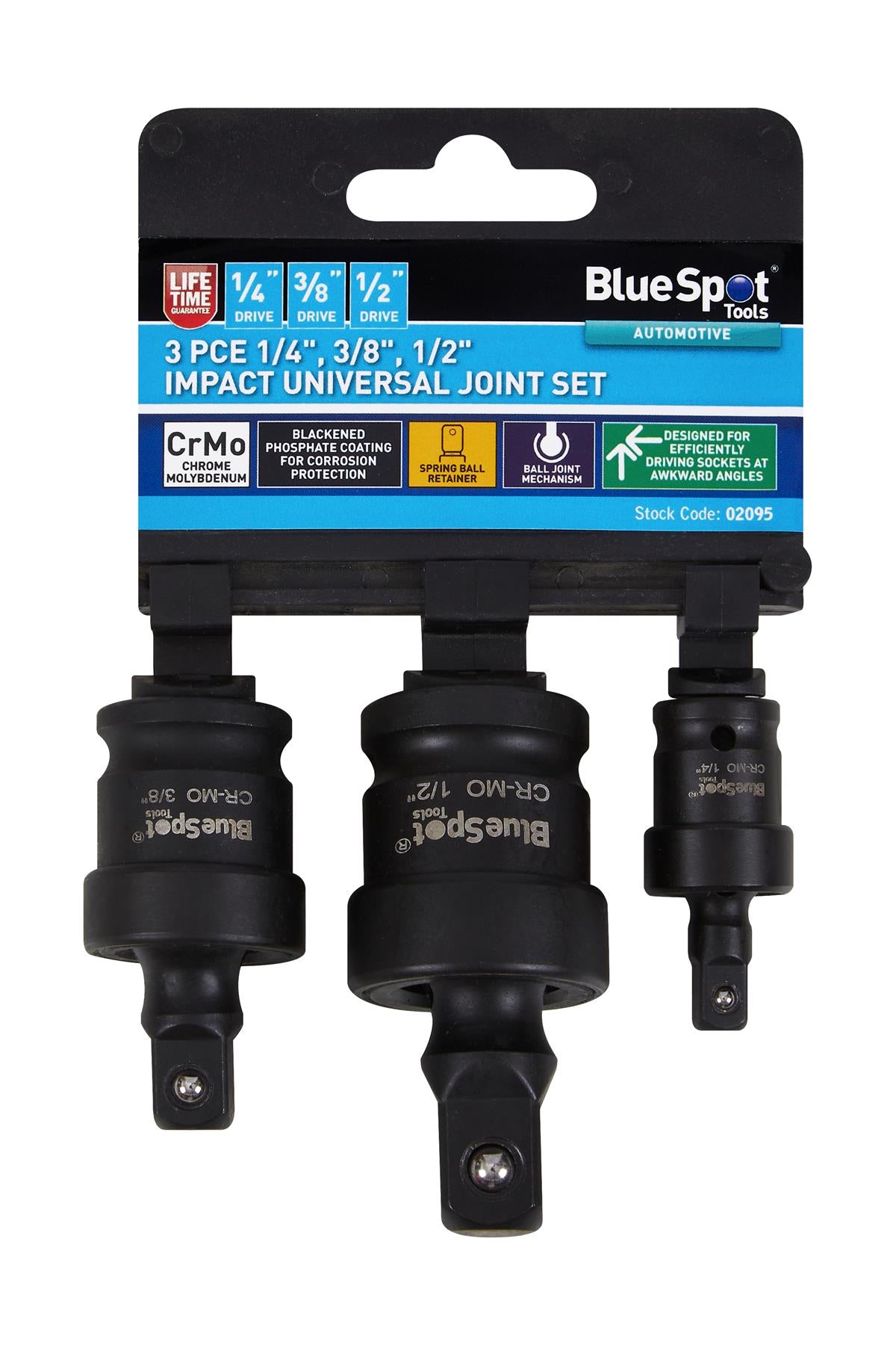 BlueSpot 3 PCE 1/4", 3/8", 1/2" Impact Universal Joint Set  02095