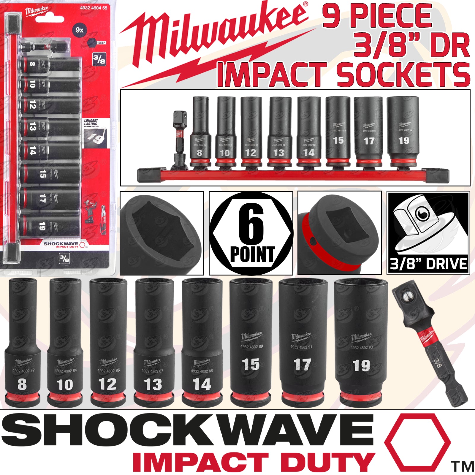 MILWAUKEE 9CS 3/8" DRIVE 6 POINT DEEP IMPACT SOCKETS 8MM - 19MM ( SHOCKWAVE IMPACT DUTY )