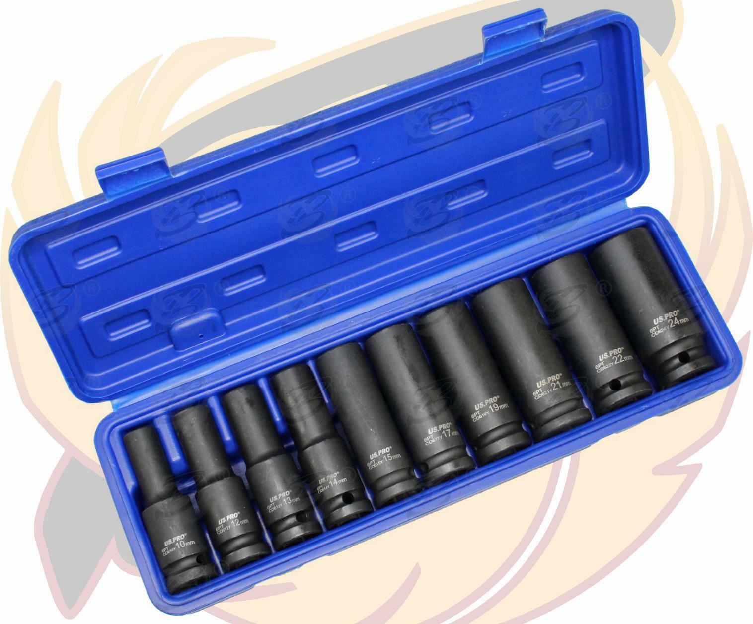 US PRO 10PCS 1/2" DRIVE 6 POINT DEEP IMPACT SOCKETS 10MM - 24MM