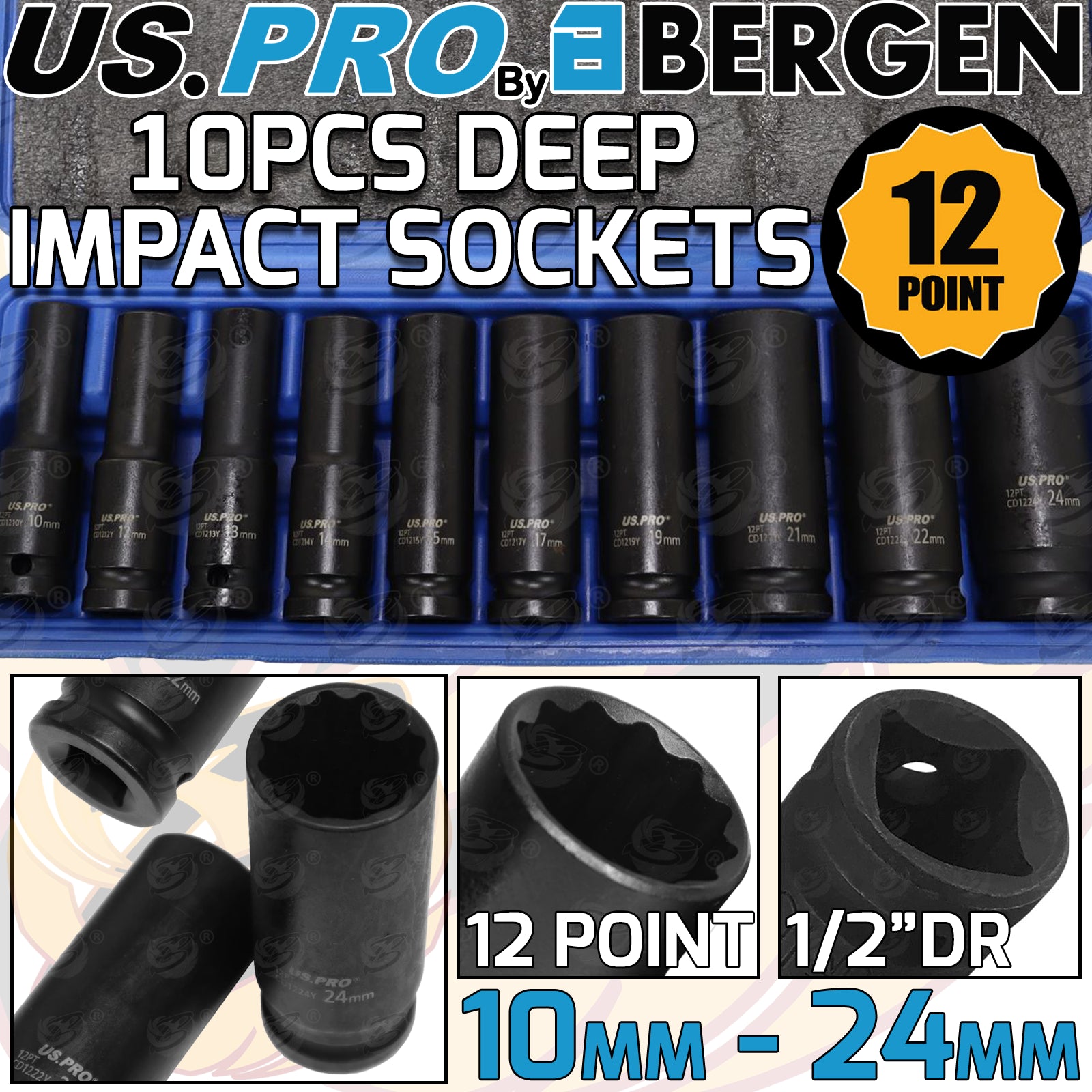US PRO 10PCS 1/2" DRIVE 12 POINT DEEP IMPACT SOCKETS 10MM - 24MM