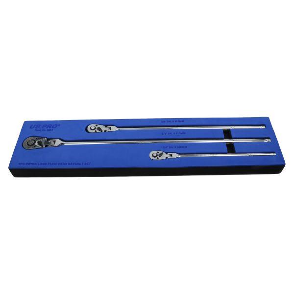 US Pro 3 Piece 1/4" & 3/8" & 1/2" Drive 72 Tooth Flexi Extra Long Ratchet Handles  4257