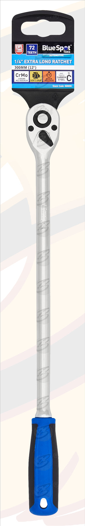 BLUESPOT 1/4" DRIVE 12" LONG 72 TOOTH EXTRA LONG RATCHET HANDLE