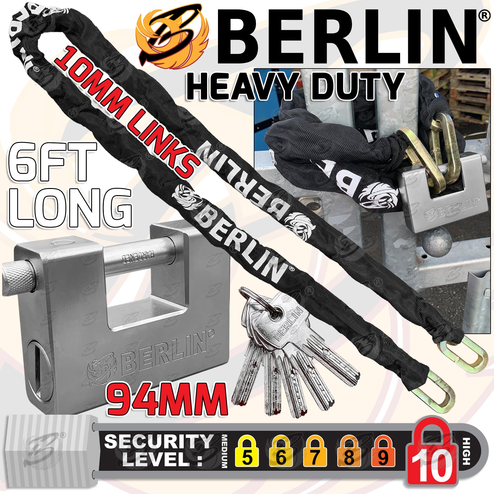 BERLIN 6FT LONG 10MM LINKS SECURITY CHAIN WITH 94MM HIGH SECURITY PADLOCK
