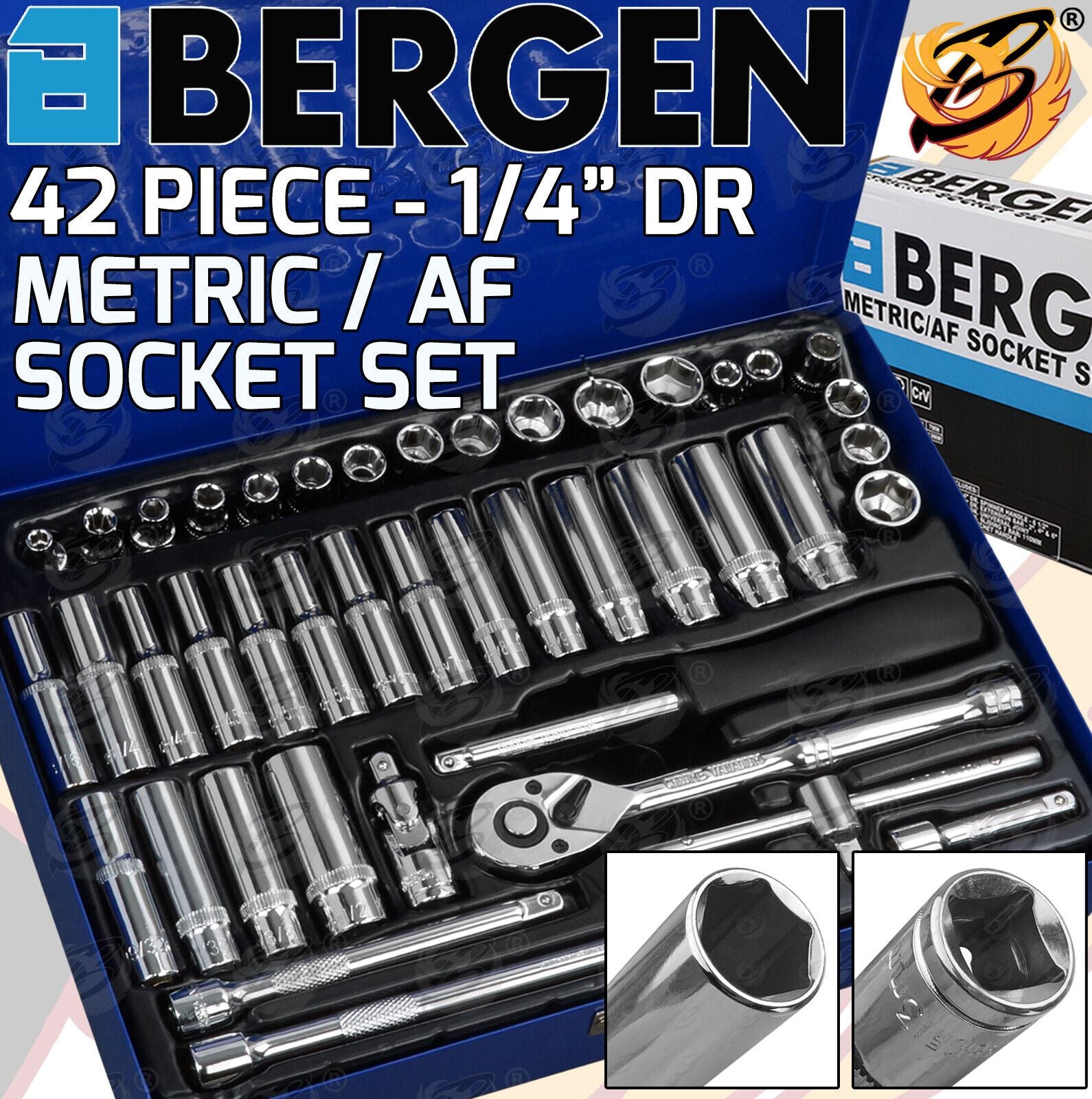 BERGEN 42PC 1/4" DRIVE METRIC & AF SOCKET SET