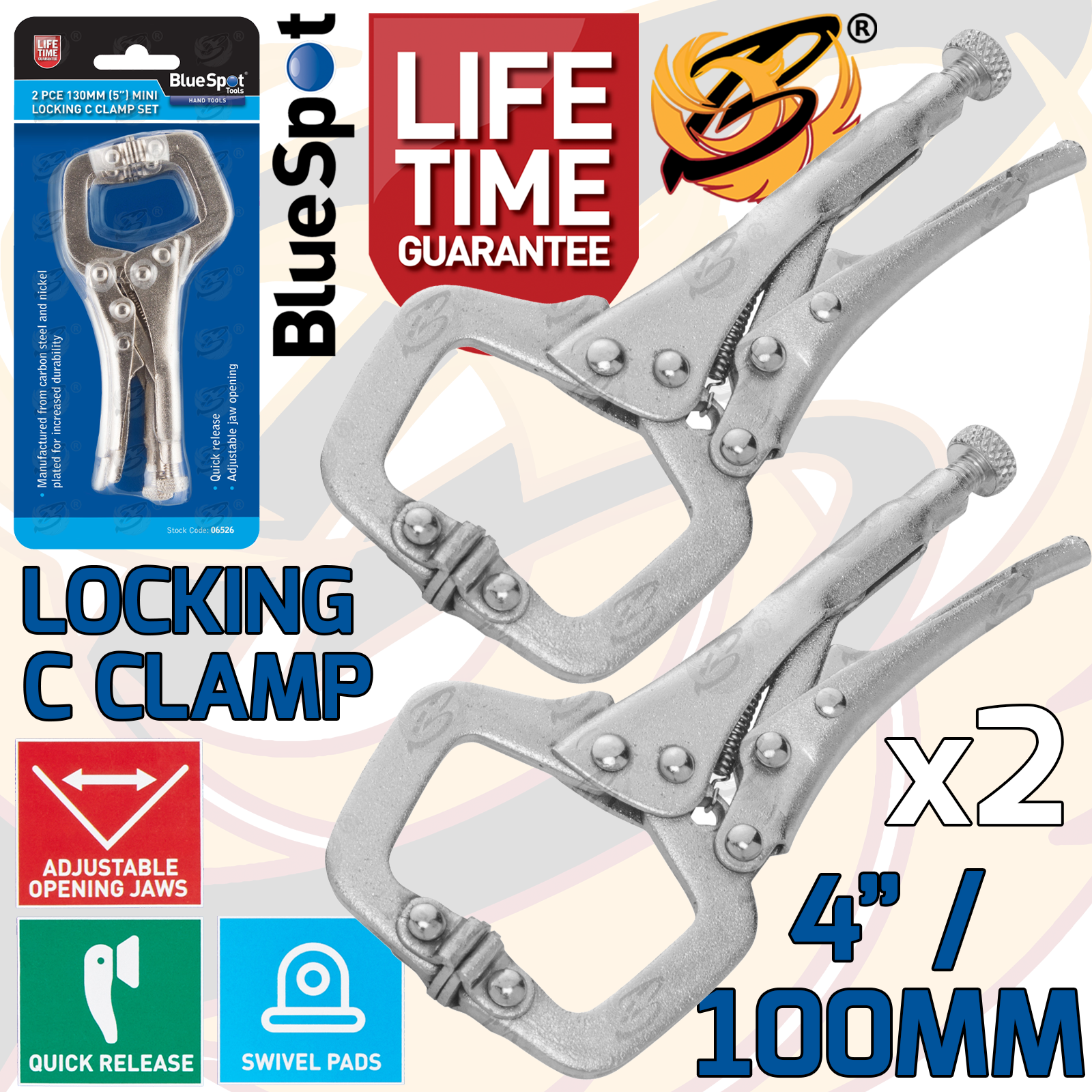BlueSpot 2 Piece 100mm (4") Mini Locking C Clamp Set ( 06526 )