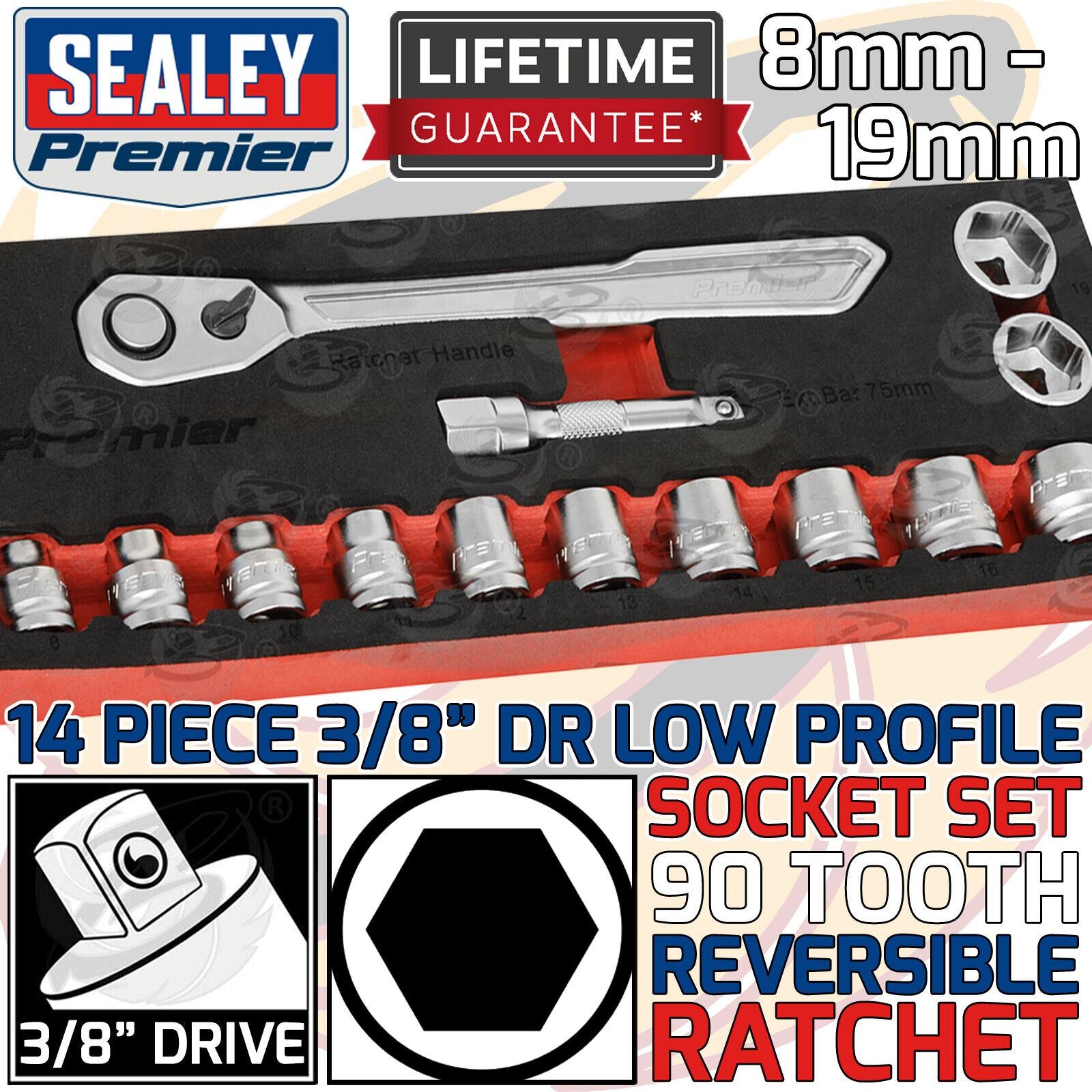 SEALEY 14PCS 3/8" DRIVE 6 POINT 90 TOOTH LOW PROFILE SOCKET SET 8MM - 19MM