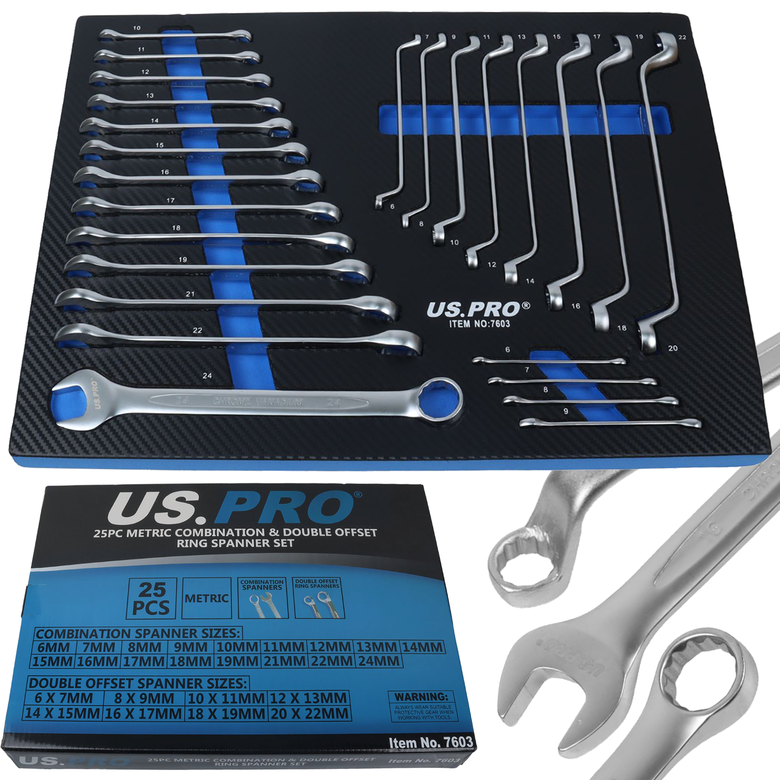 US Pro 25 Piece Metric Combination & Double Offset Ring Spanner Set  7603