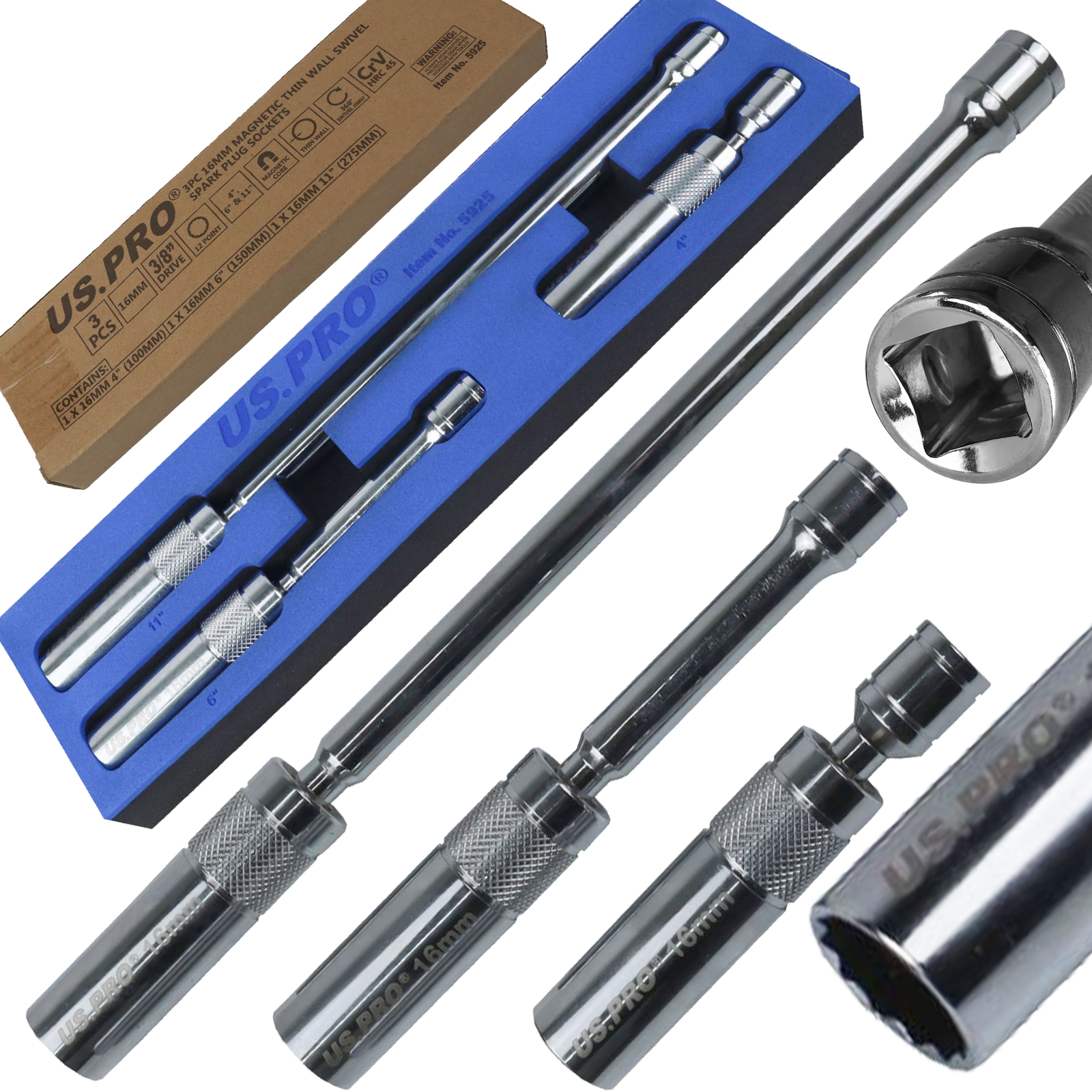 US Pro 3 Piece 16mm Magnetic Thin Wall Swivel Spark Plug Sockets 3/8" Dr  5925
