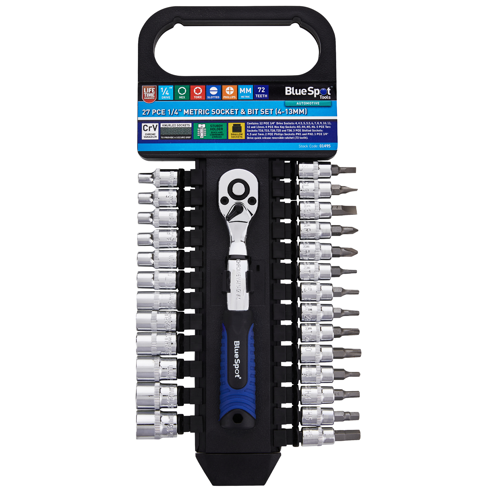 BLUESPOT 27 PCE 1/4" DRIVE METRIC SOCKET AND BIT SET (4-13MM)