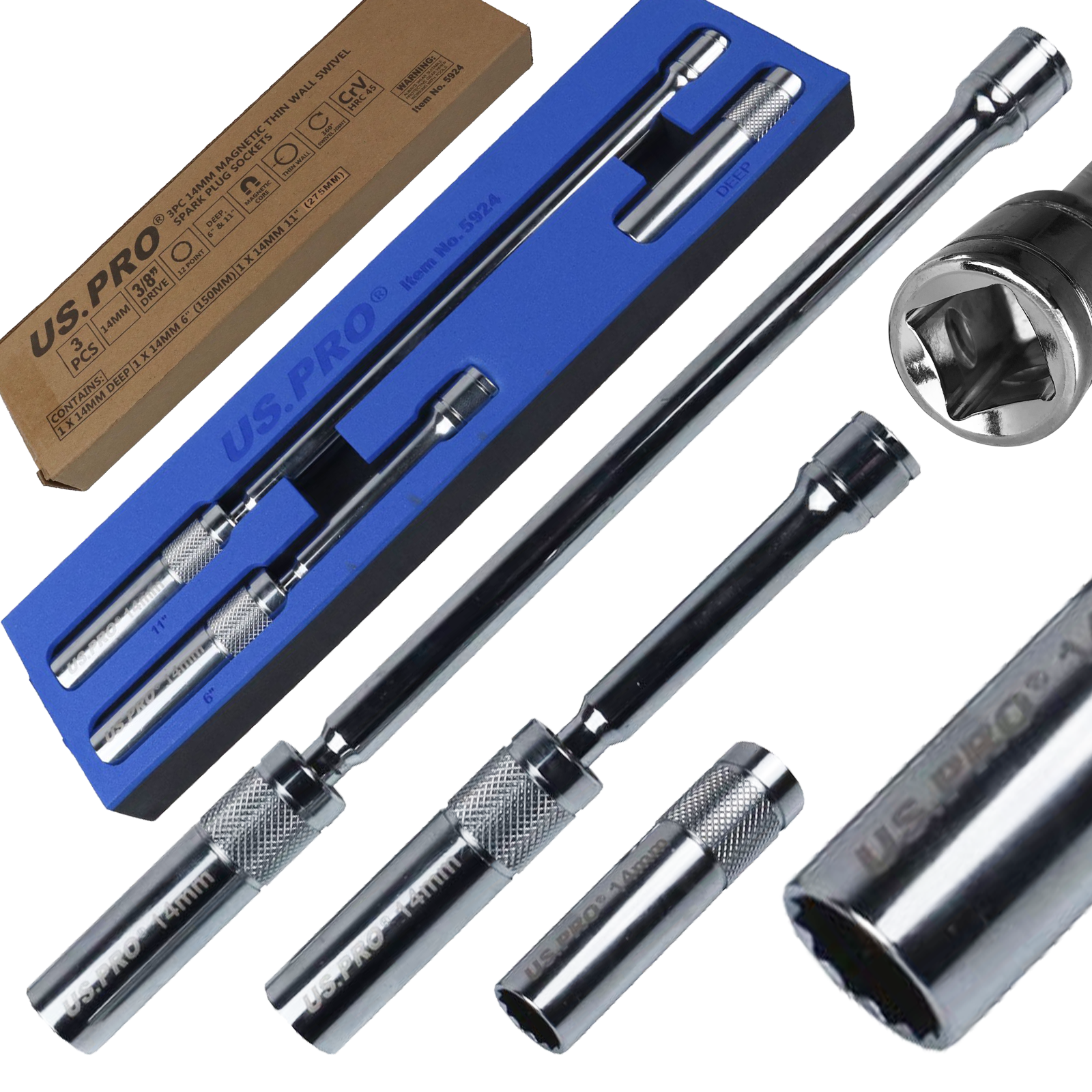 US PRO 3PC 14MM MAGNETIC THIN WALL SWIVEL SPARK PLUG SOCKETS 3/8" DR