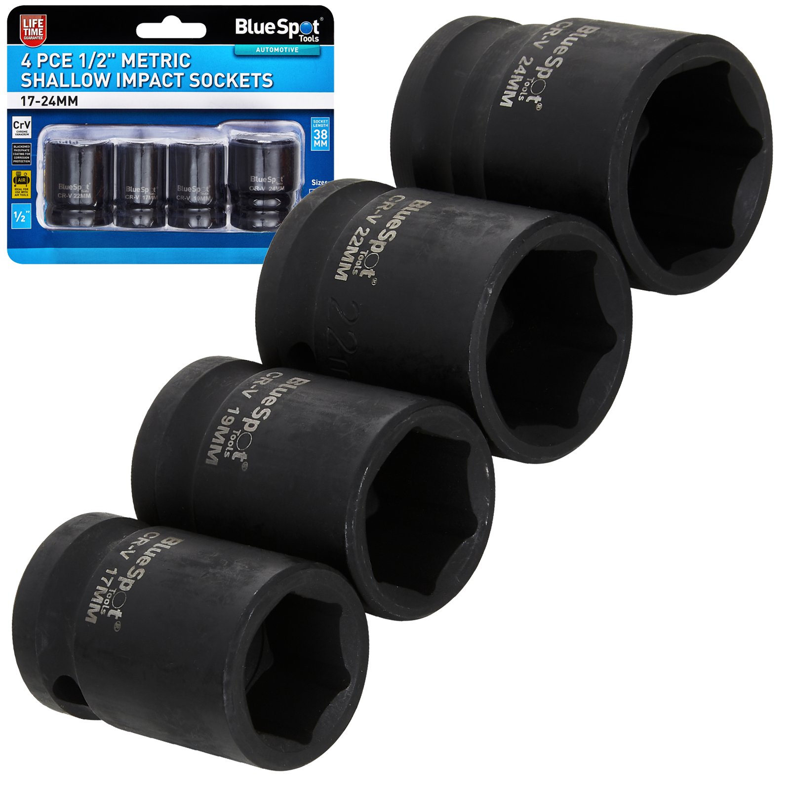 BlueSpot 4 Piece 1/2" Metric Shallow Impact Sockets (17-24mm) ( 01650 )