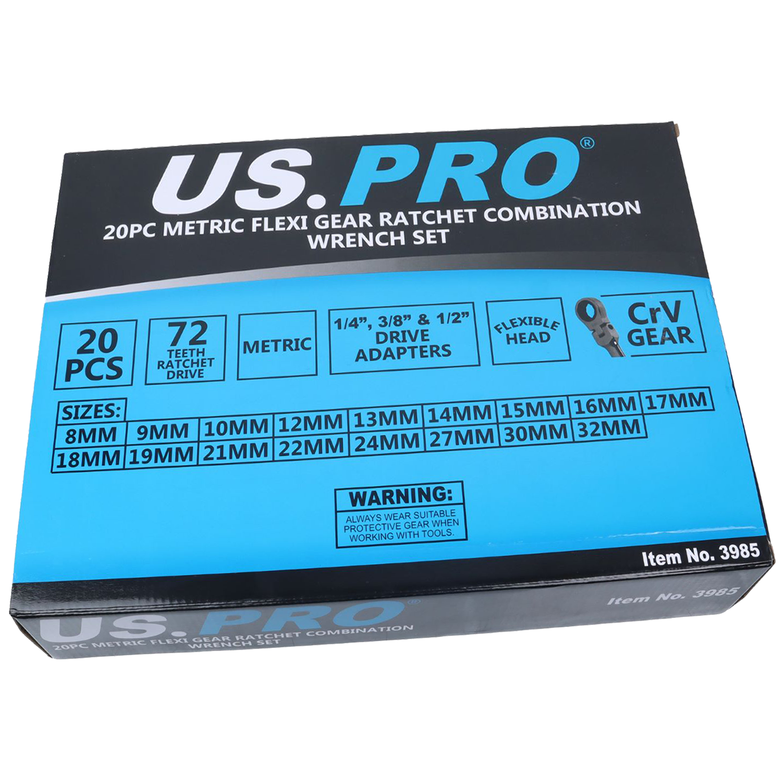 US Pro 20 Piece Metric Flexi Gear Ratchet Combination Wrench Set  3985