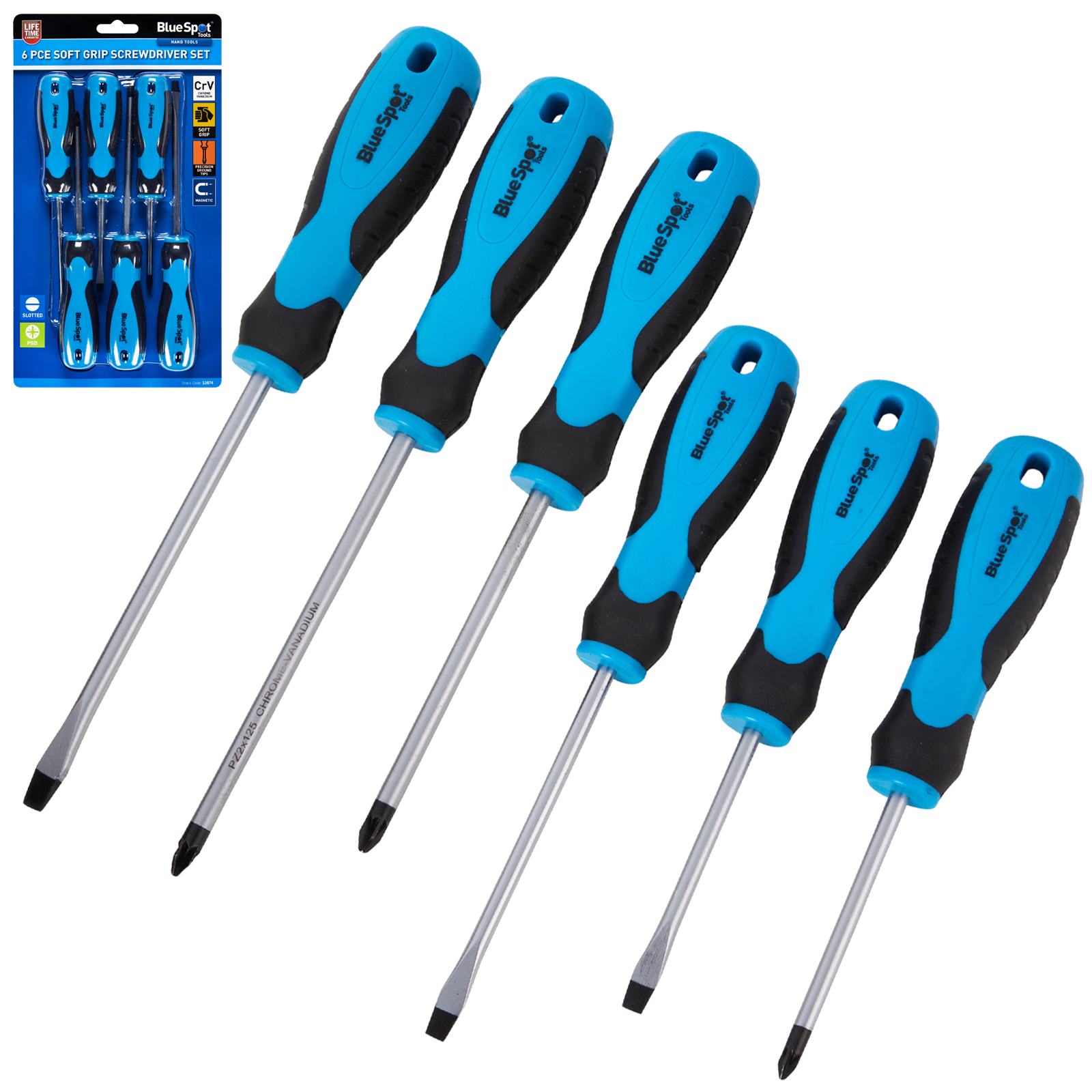 BLUESPOT 6PCE SOFT GRIP SCREWDRIVER SET ( SLOTTEED - POZIDRIVE )