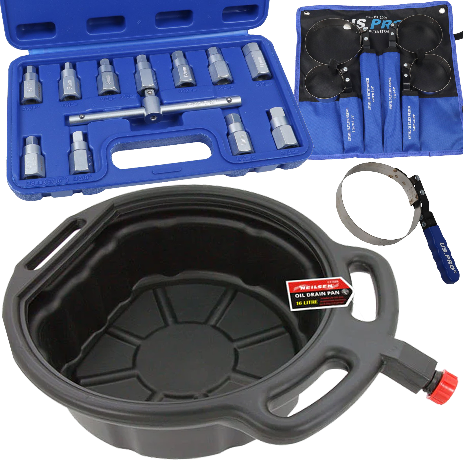 NEILSEN 16L OIL DRAIN PAN & US PRO 21PCS MASTER DRAIN PLUG KEY SET