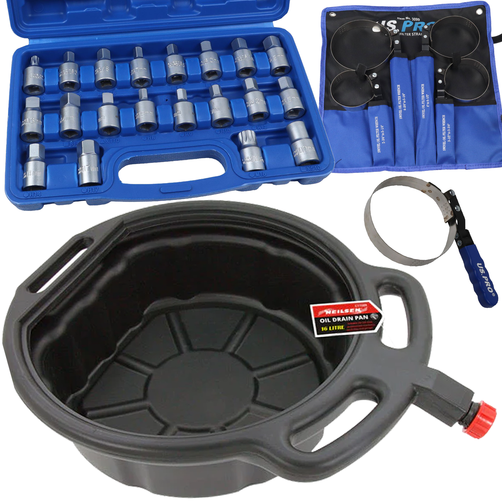 Neilsen 16L Oil Drain Pan & US Pro 21 Piece Master Drain Plug Key Set & US Pro 4 Piece Swivel Oil Filter Straps  CT1589 & 3007 & 3099