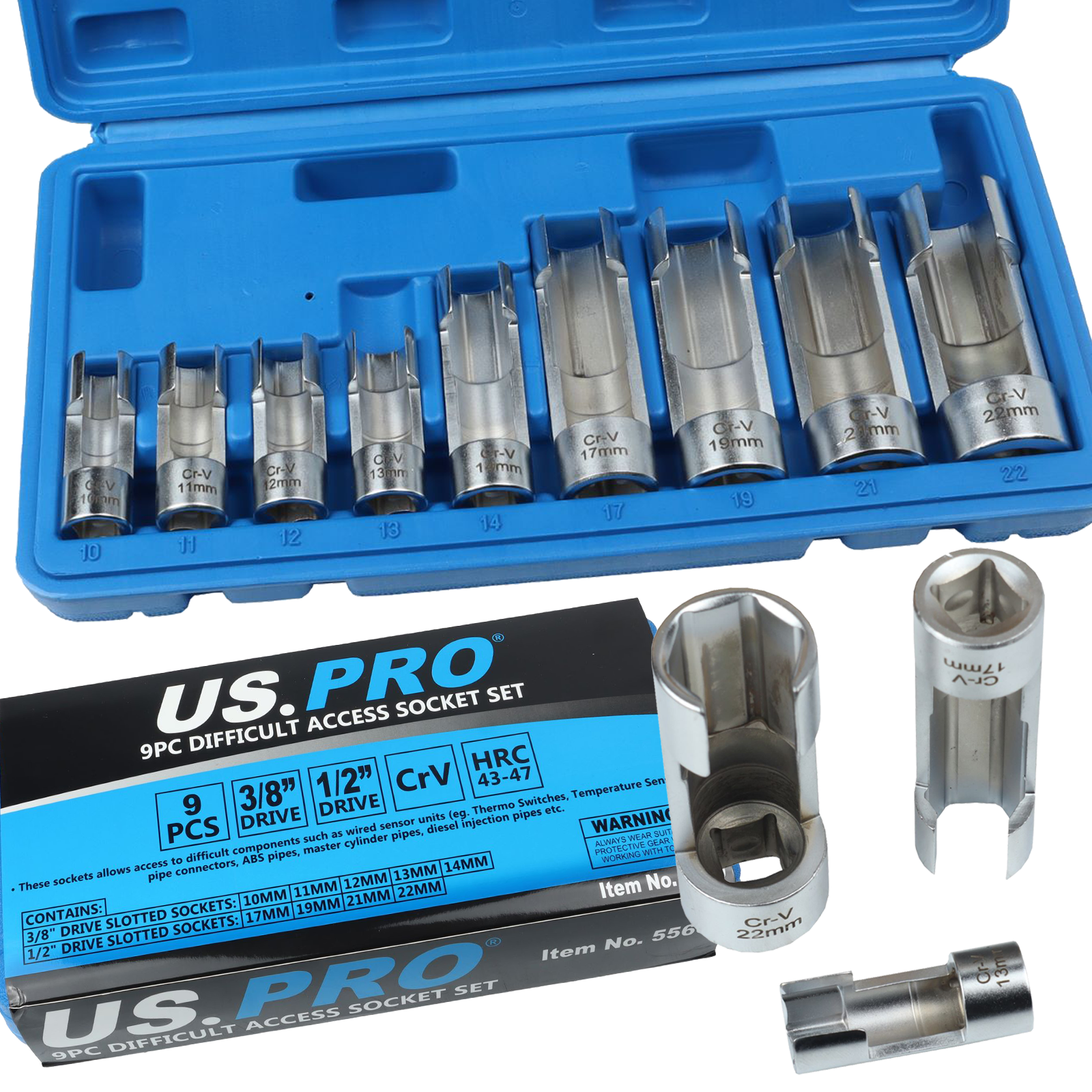 US PRO 9PC 3/8" & 1/2" DRIVE DIFFICULT ACCESS SOCKET SET ( 10MM - 22MM )