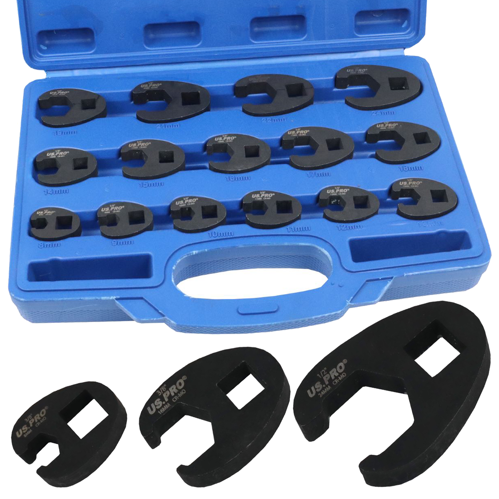US Pro 15 Piece 3/8" & 1/2" Drive Heavy Duty Metric Crowfoot Wrench Set  7594