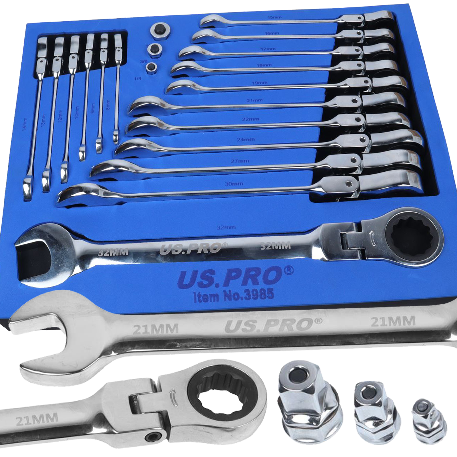 US Pro 20 Piece Metric Flexi Gear Ratchet Combination Wrench Set  3985