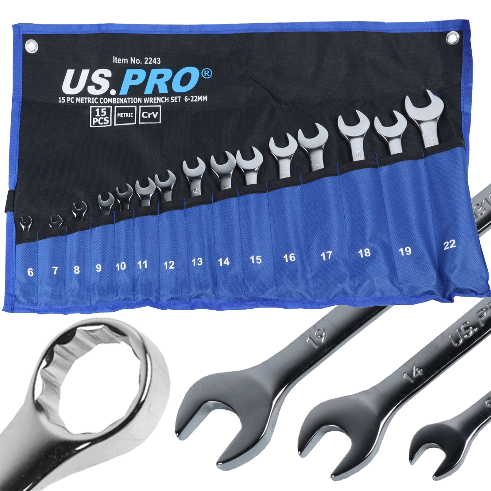 US Pro 15 Piece Metric Combination Spanner Set 6 - 22mm  2243