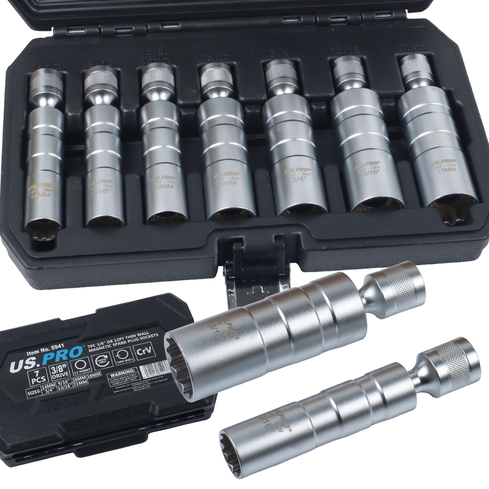 US Pro 7 Piece 3/8" Drive 12 Point Thin Wall Magnetic Spark Plug Sockets  5941