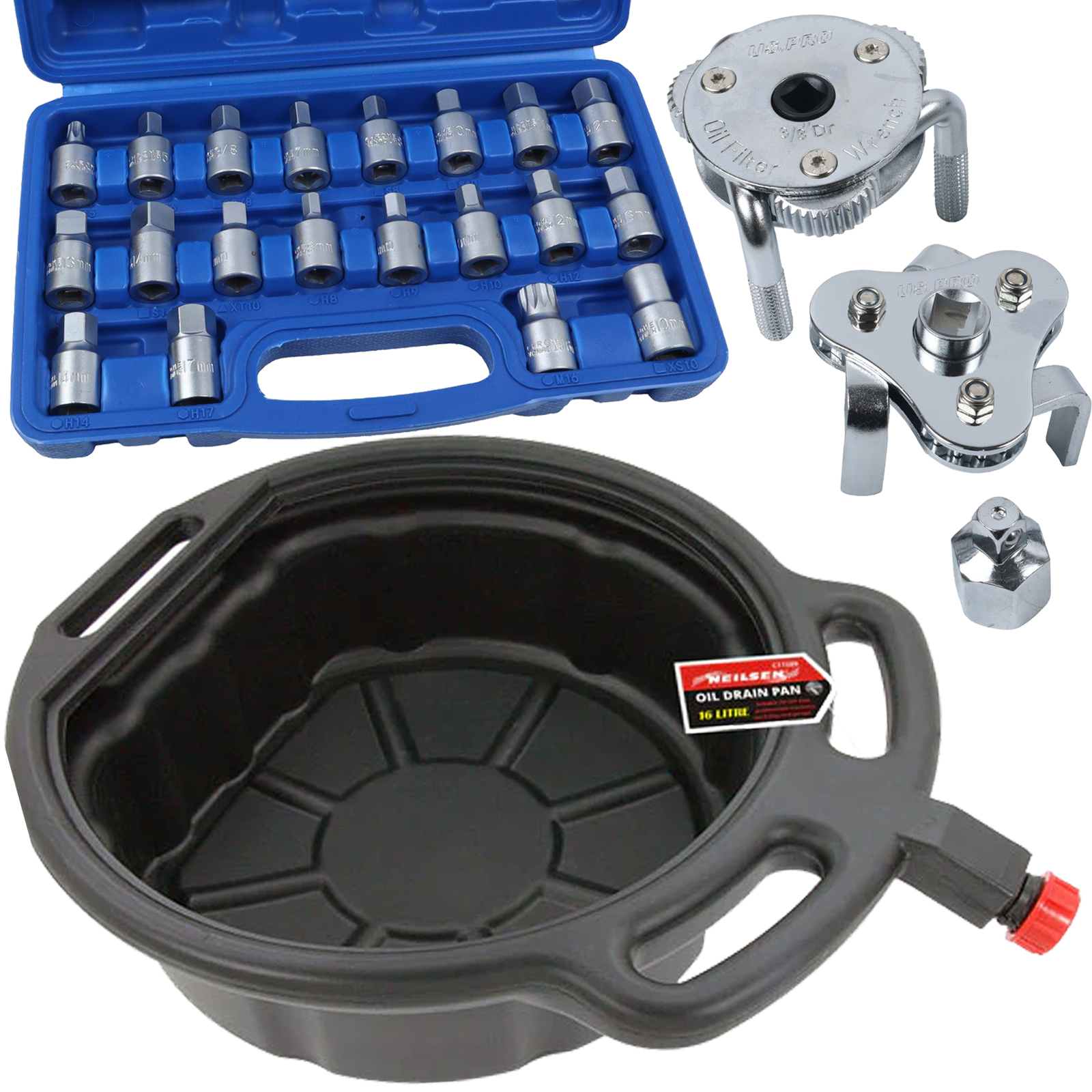 NEILSEN 16L OIL DRAIN PAN & US PRO 21PCS MASTER DRAIN PLUG KEY SET & US PRO 4PCS SWIVEL OIL FILTER STRAPS