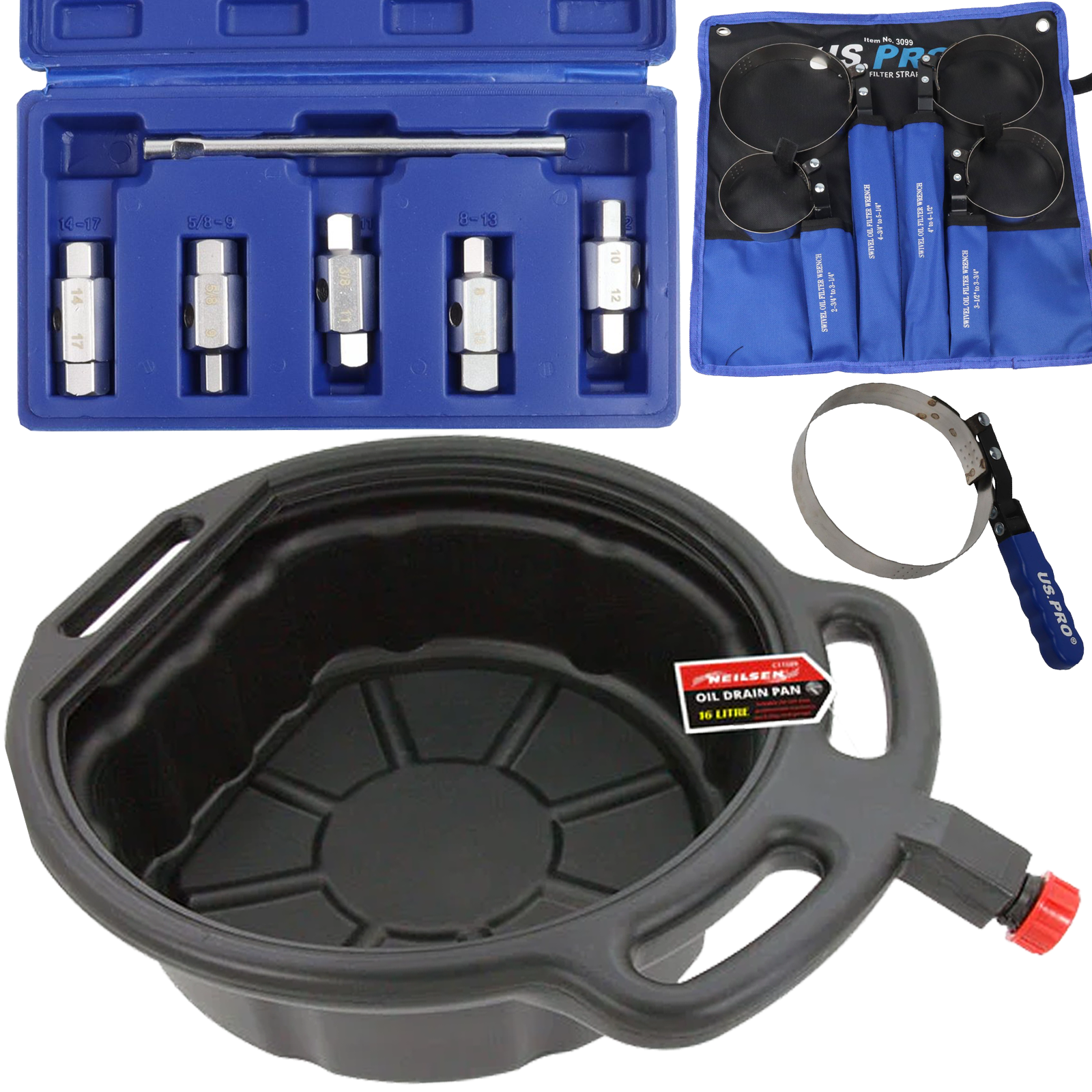 NEILSEN 16L OIL DRAIN PAN & US PRO 12PCS 3/8" DRIVE DRAIN PLUG KEY SET