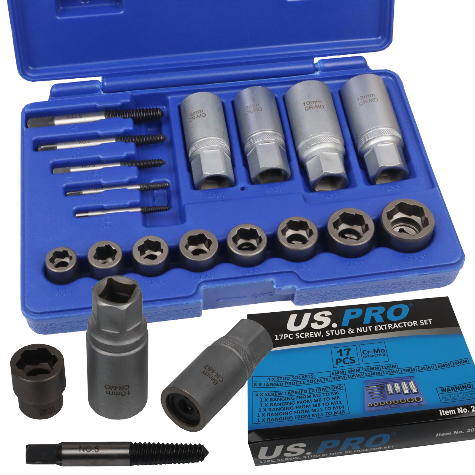US Pro 17 Piece Screw - Stud & Nut Extractor Set  2649