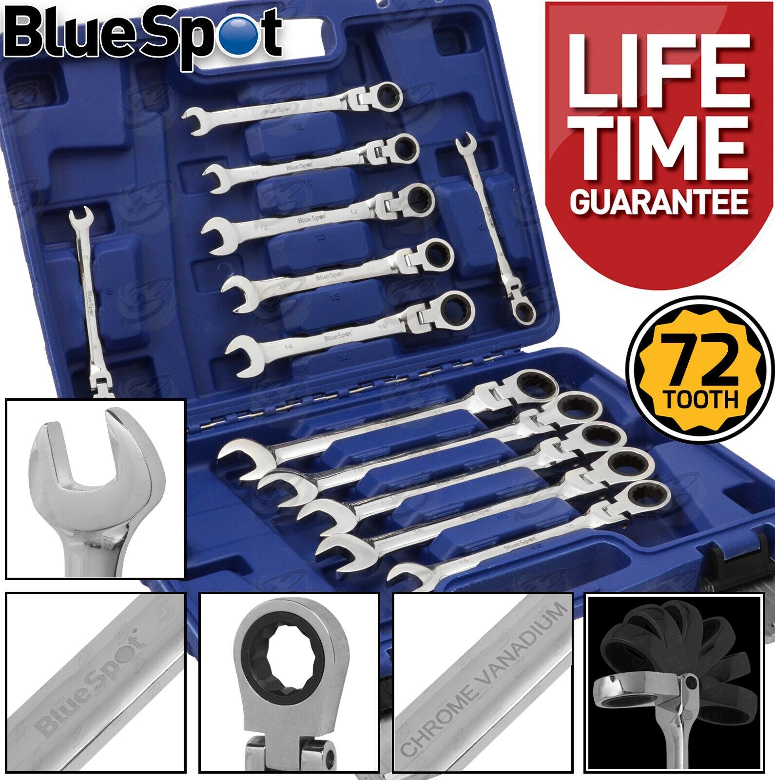BLUESPOT 12PCS COMBINATION FLEXIBLE RATCHET SPANNER SET 8MM - 19MM