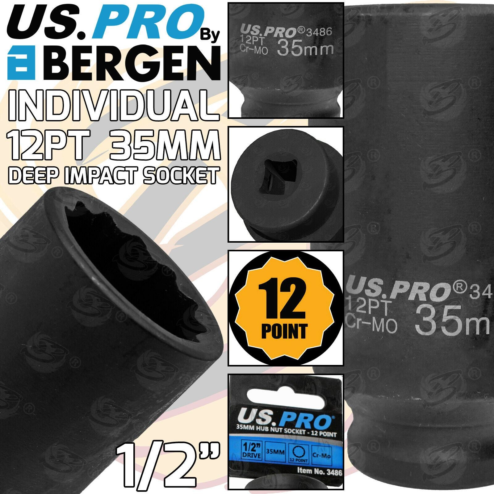 US PRO 35MM 1/2" DRIVE 12 POINT DEEP IMPACT SOCKET ( SINGLE )