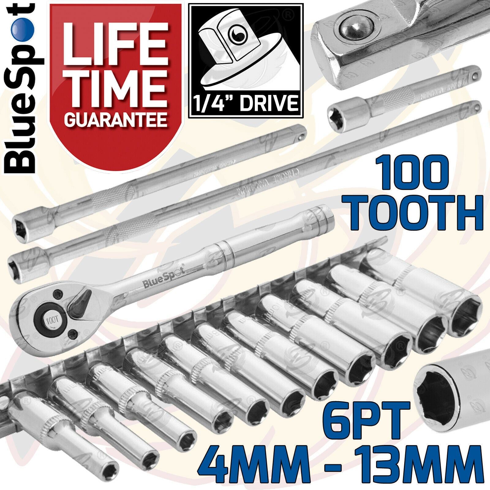 BLUESPOT 15PCS 1/4" DRIVE 6 POINT DEEP SOCKET SET 4MM - 13MM