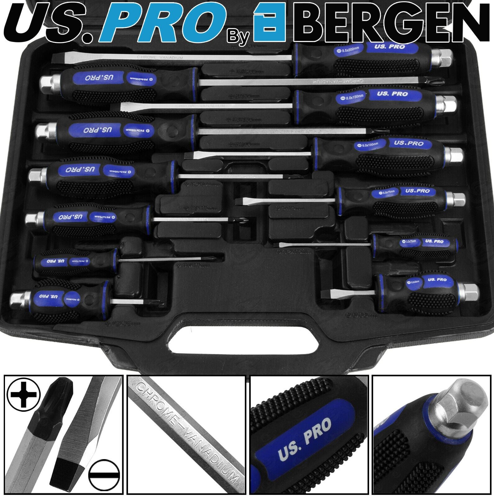 US PRO 12PCS MAGNETIC GO THROUGH SCREWDRIVER SET ( SLOTTED - PHILLIPS )