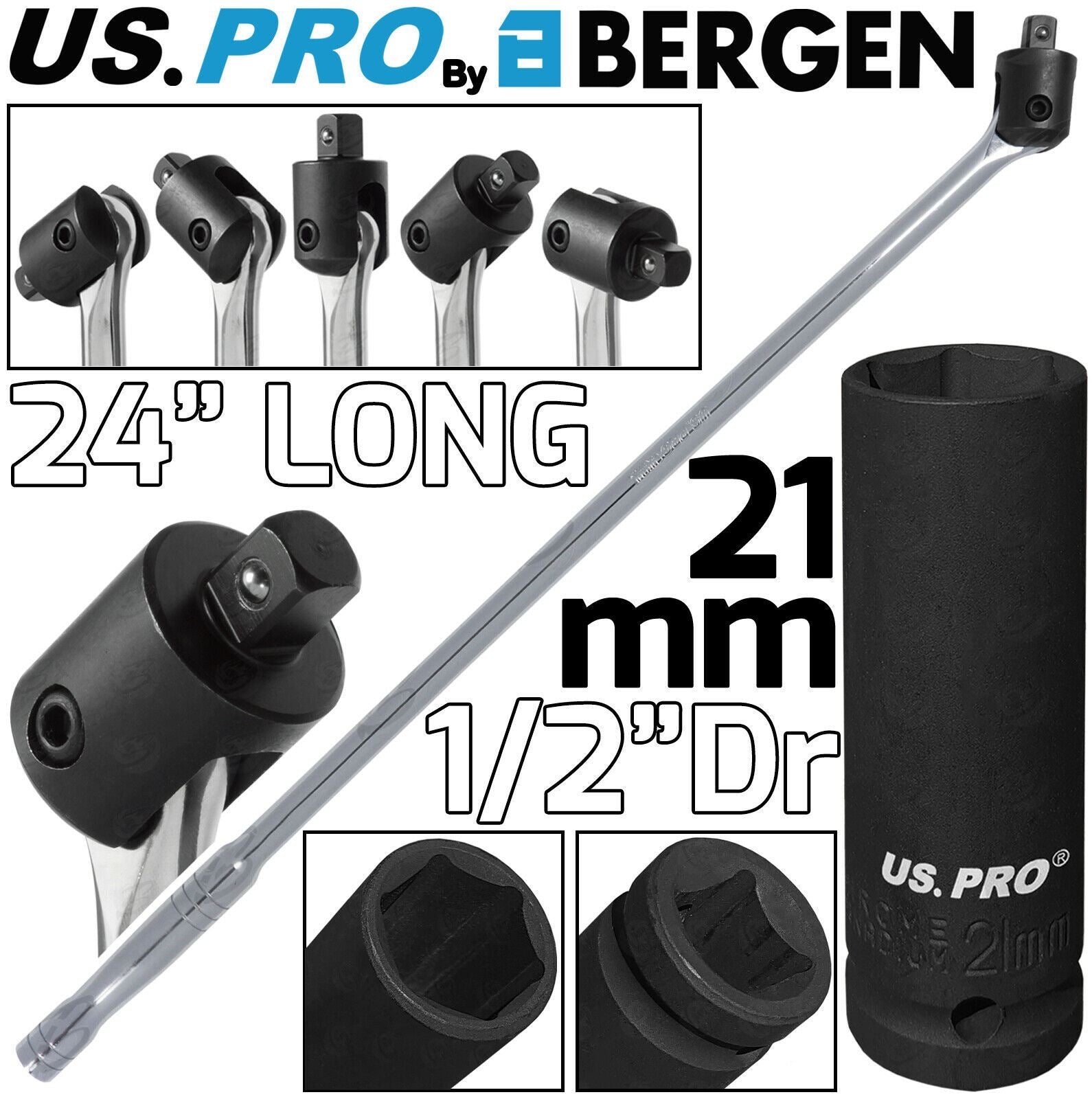 US PRO 1/2" DRIVE 24" LONG BREAKER BAR & 21MM 1/2" DRIVE 6 POINT DEEP IMPACT SOCKET
