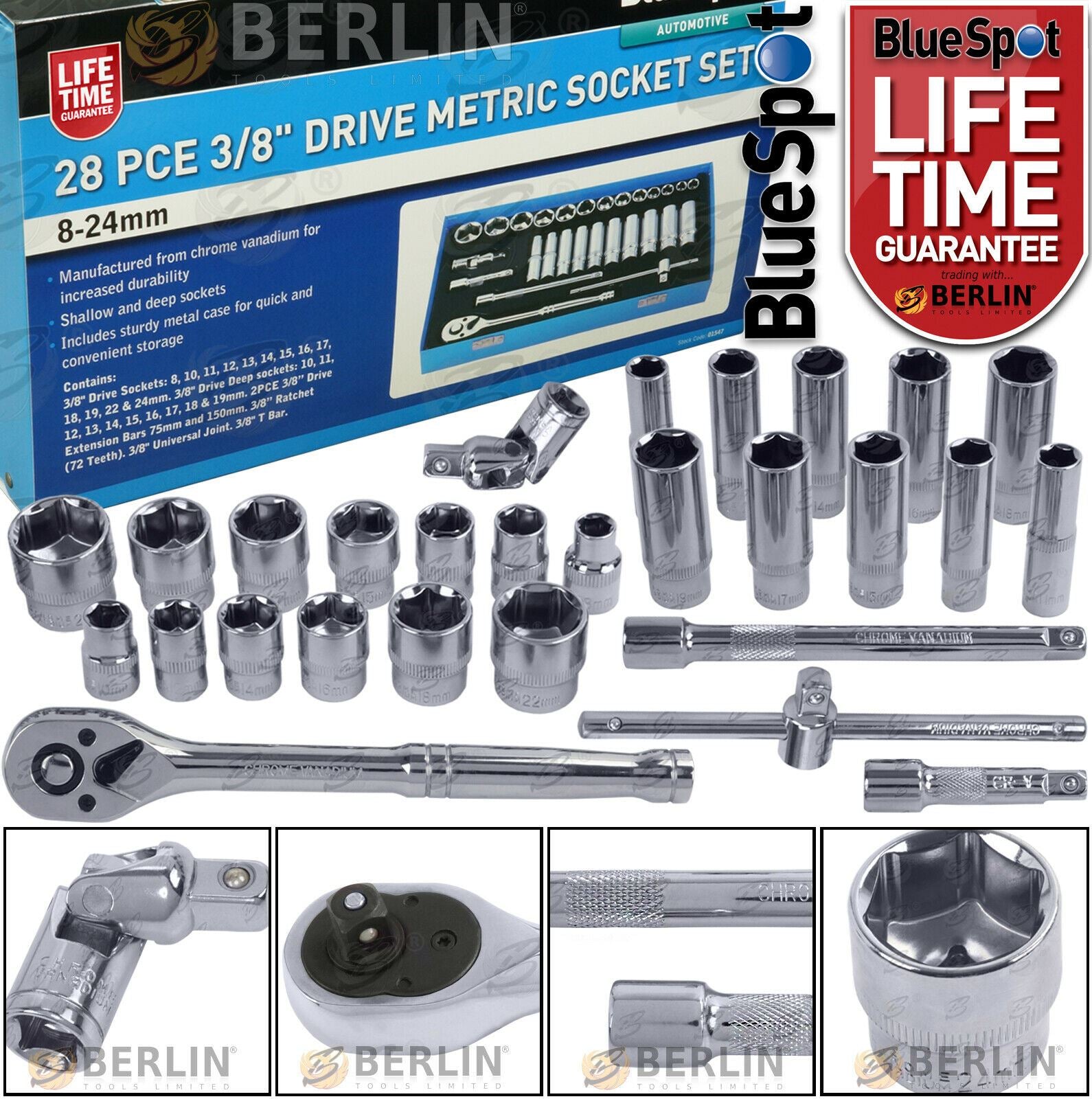 BLUESPOT 28PCS 3/8" DRIVE 6 POINT SOCKET SET 8MM - 24MM