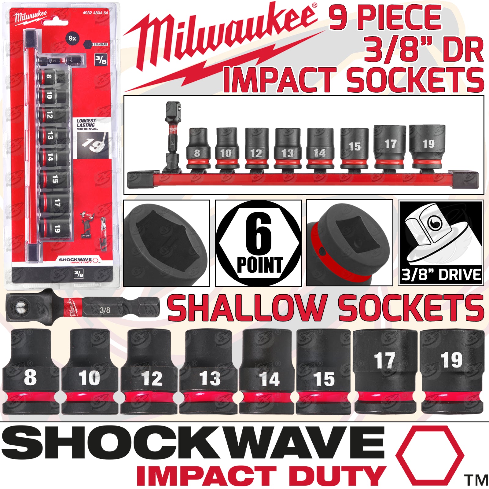 MILWAUKEE 9PCS 3/8" DRIVE 6 POINT SHALLOW IMPACT SOCKETS 8MM - 19MM ( SHOCKWAVE IMPACT DUTY )