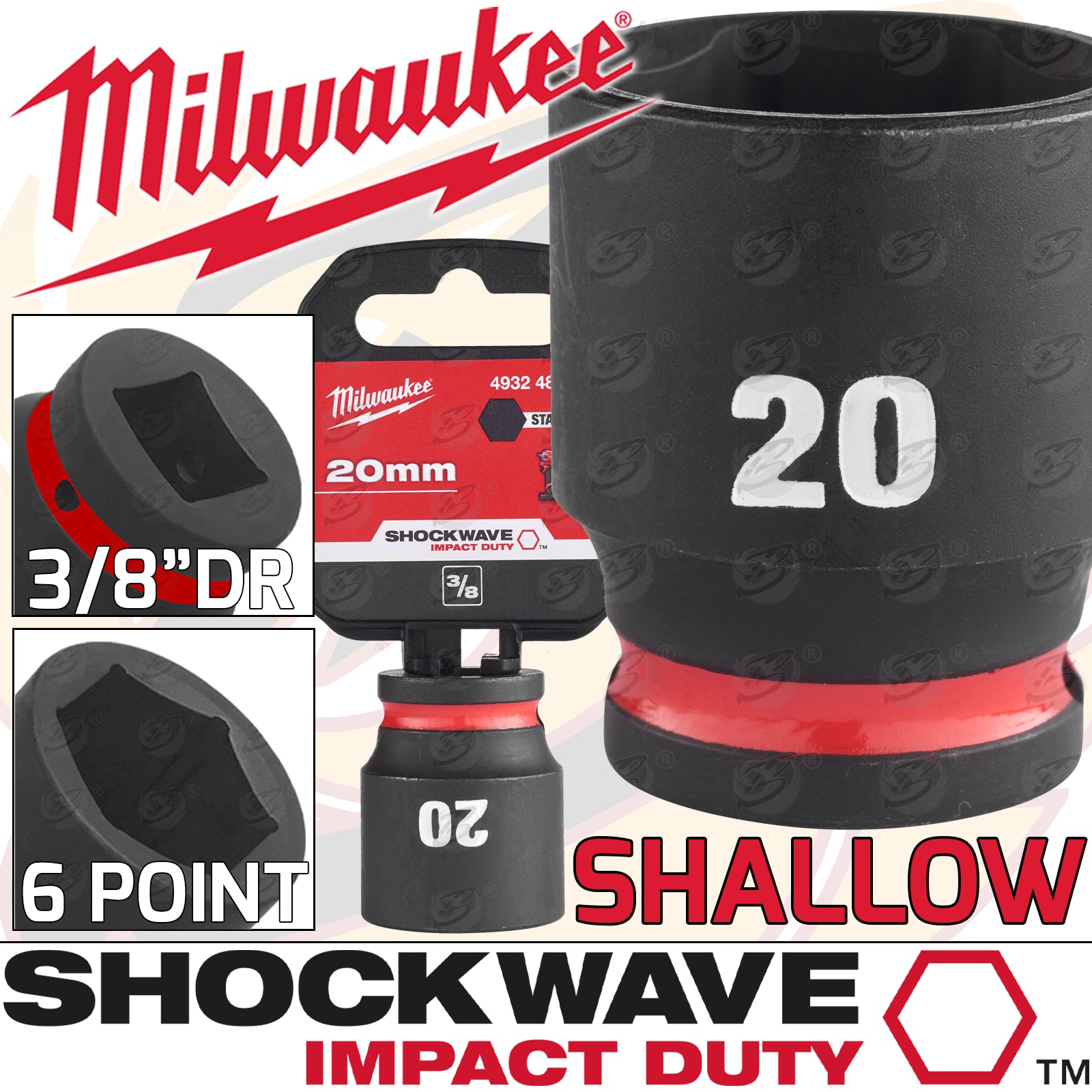 MILWAUKEE 20MM 3/8" DRIVE 6 POINT SHALLOW IMPACT SOCKET ( SINGLE )