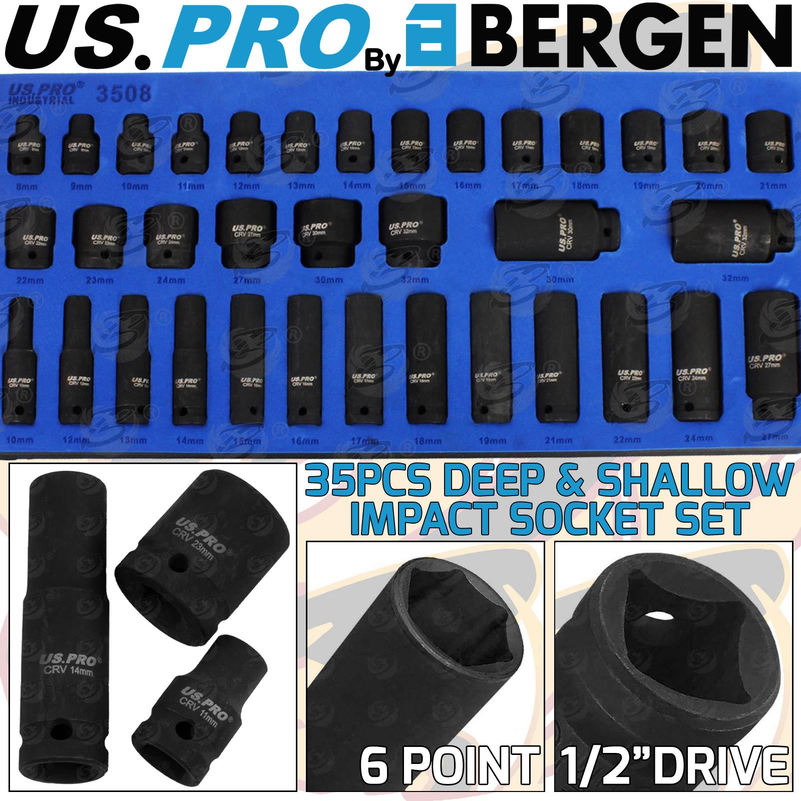 US PRO 35PCS 1/2" DRIVE 6 POINT DEEP & SHALLOW IMPACT SOCKETS 8MM - 32MM