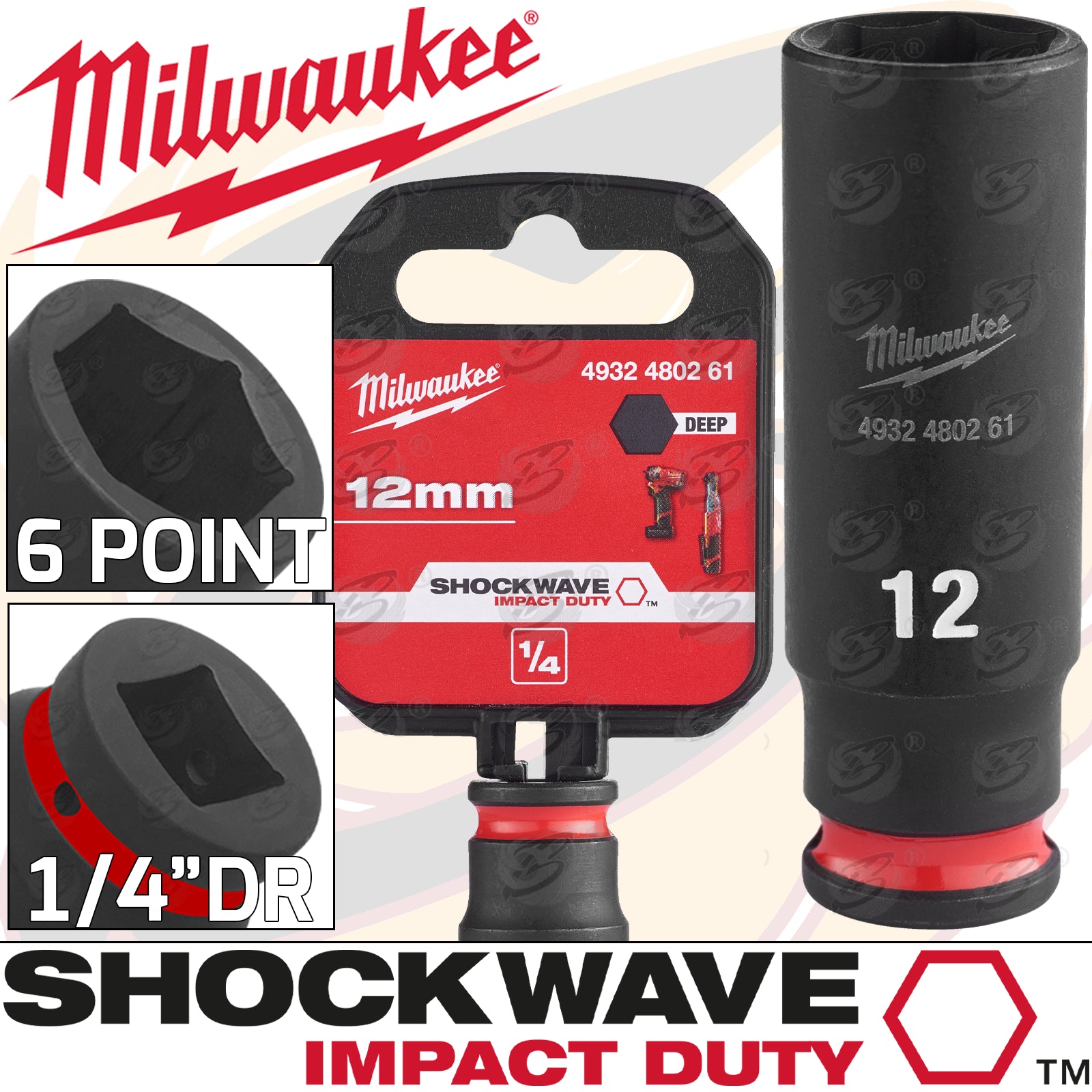 MILWAUKEE 12MM 1/4" DRIVE 6 POINT DEEP IMPACT SOCKET ( SINGLE )