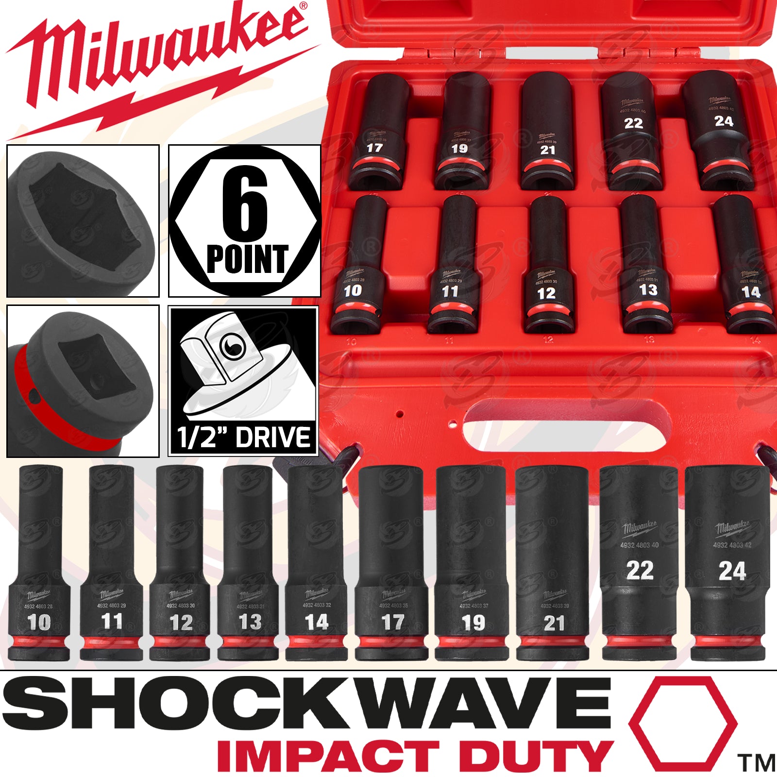 MILWAUKEE 10PCS 1/2" DRIVE 6 POINT DEEP IMPACT SOCKETS ( SHOCKWAVE IMPACT DUTY )