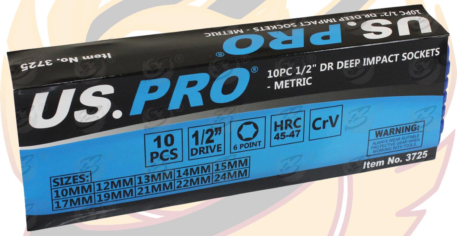 US PRO 10PCS 1/2" DRIVE 6 POINT DEEP IMPACT SOCKETS 10MM - 24MM