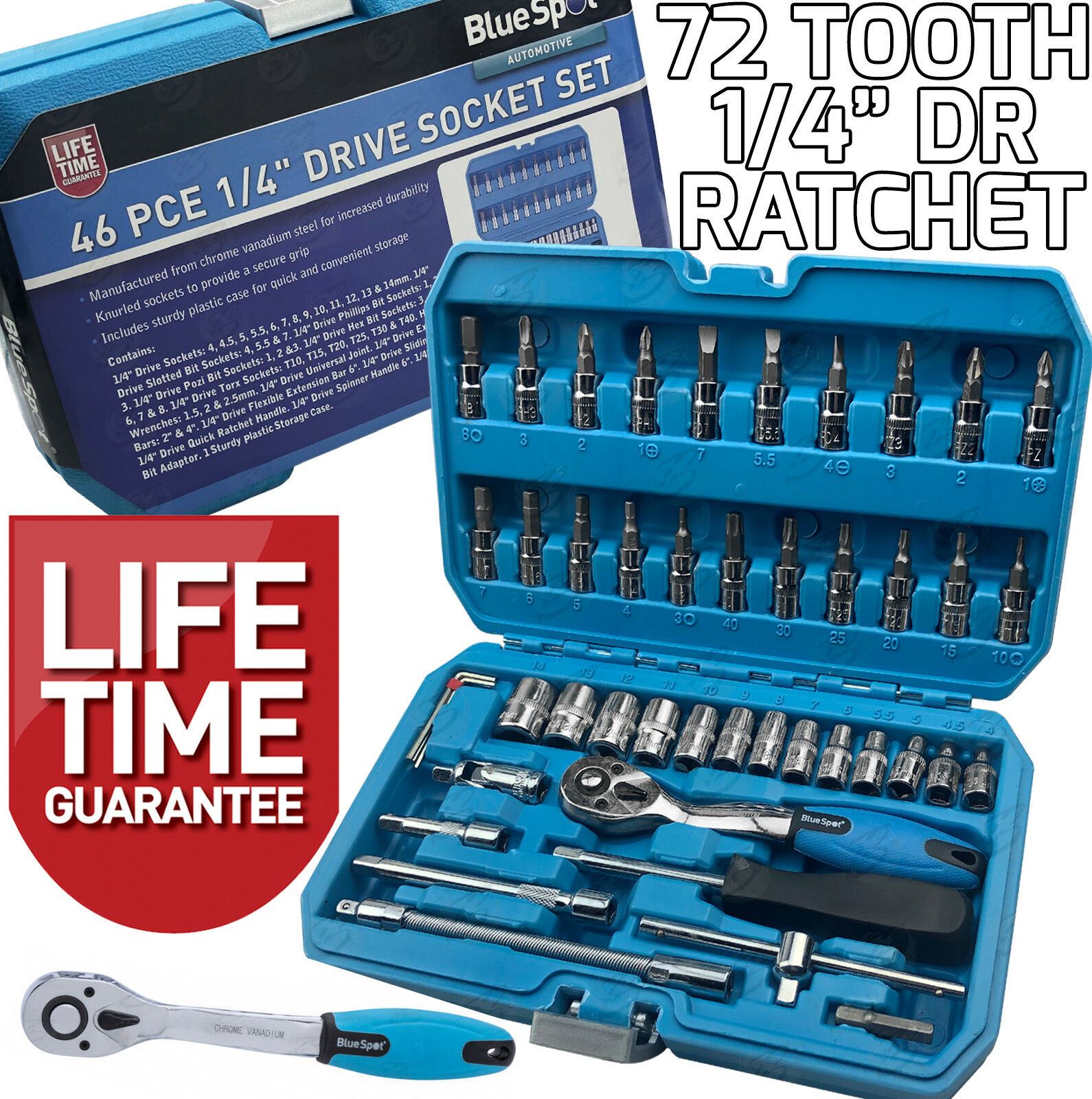 BLUESPOT 46PCS 1/4" DRIVE SOCKET & BIT SET 4MM - 14MM