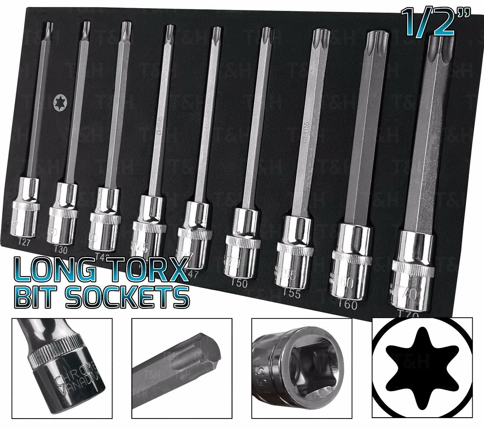 US PRO 9PCS 1/2" DRIVE EXTRA LONG TORX BIT SOCKETS T27 - T70
