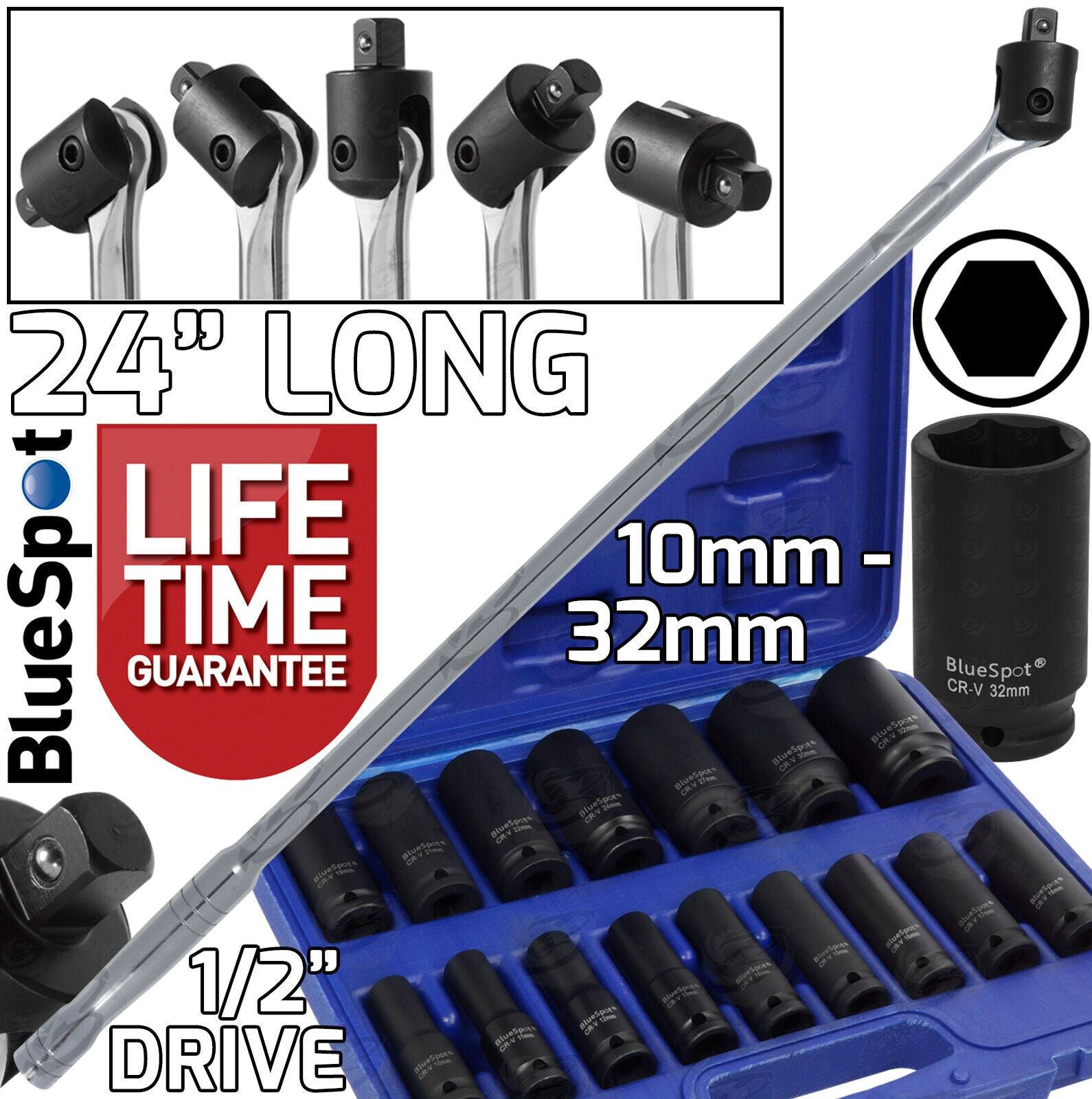 BLUESPOT 1/2" DRIVE 24" LONG BREAKER BAR & 16PCS 6 POINT DEEP IMPACT SOCKETS 10MM - 32MM