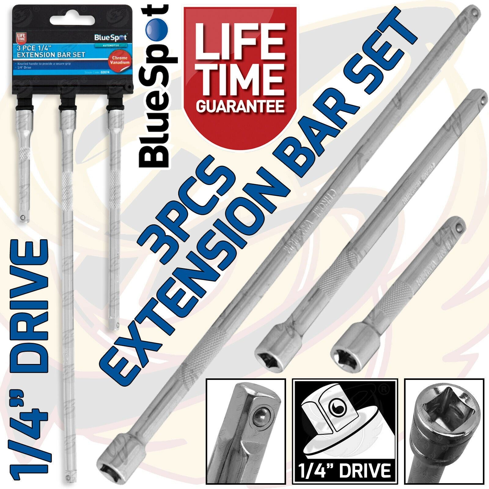 BLUESPOT 3PCS 1/4" DRIVE EXTRA LONG EXTENSION BARS 75MM - 250MM