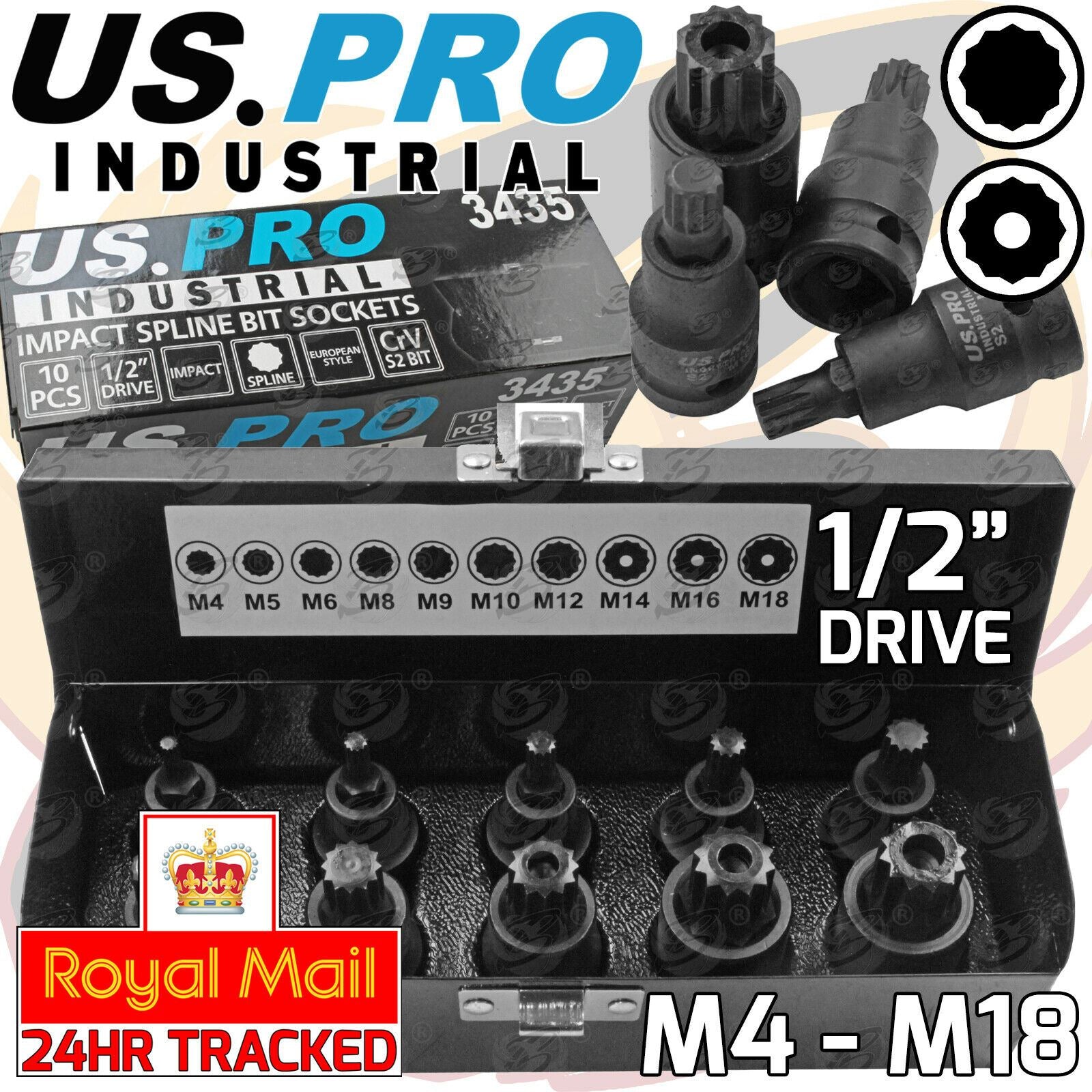 US PRO 10PCS 1/2" DRIVE IMPACT SPLINE BIT SOCKETS M4 - M18