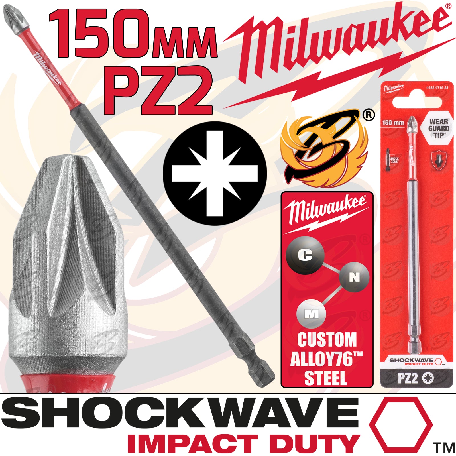 MILWAUKEE PZ2 x 150MM POZIDRIVE IMPACT DRILL / DRIVER BIT ( SHOCKWAVE IMPACT DUTY )